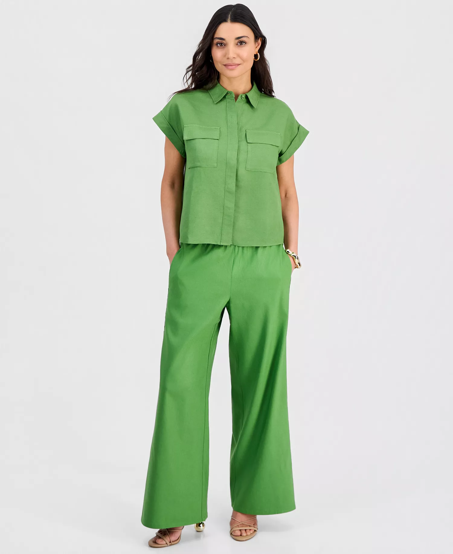 Petite Linen-Blend Short-Sleeve Button-Front Shirt, Exclusively at Macy's  - Fresh Basil - P/L