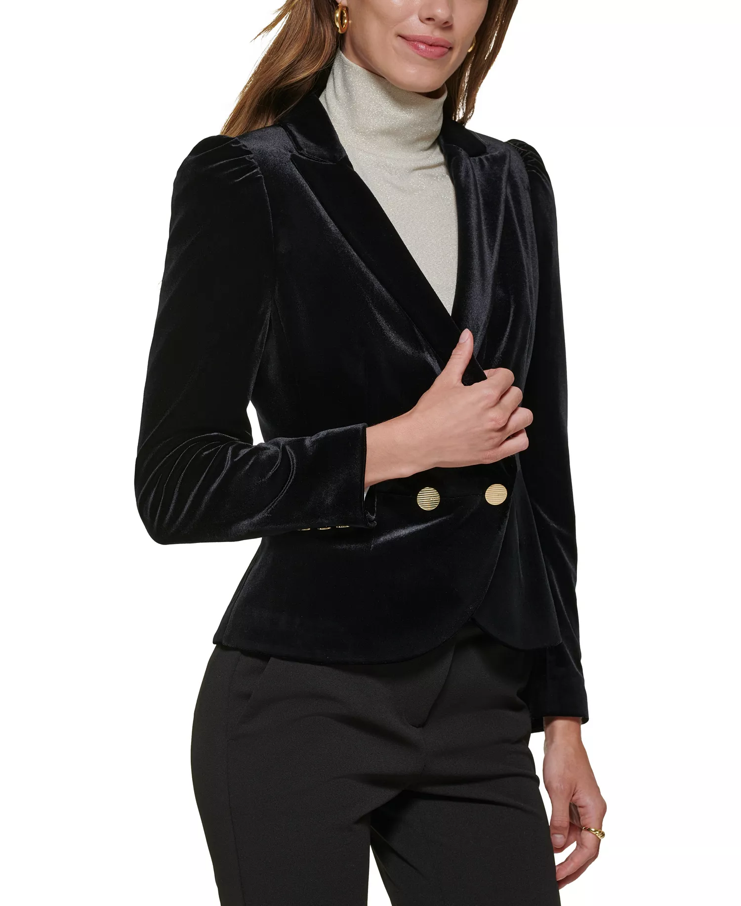 Petite Notch Collar Puff-Sleeve Velvet Jacket - Black - 14P