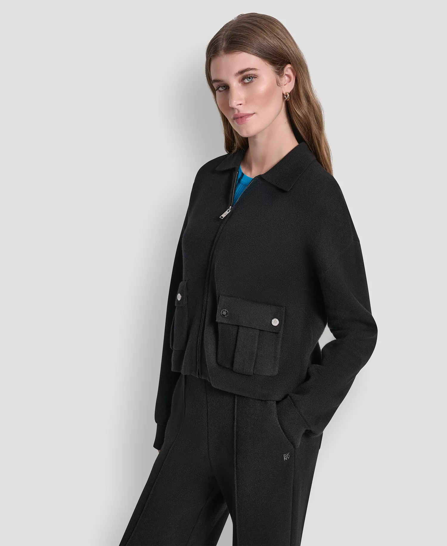 Women's Long-Sleeve Collared Zip-Front Sweater Jacket - Black - L