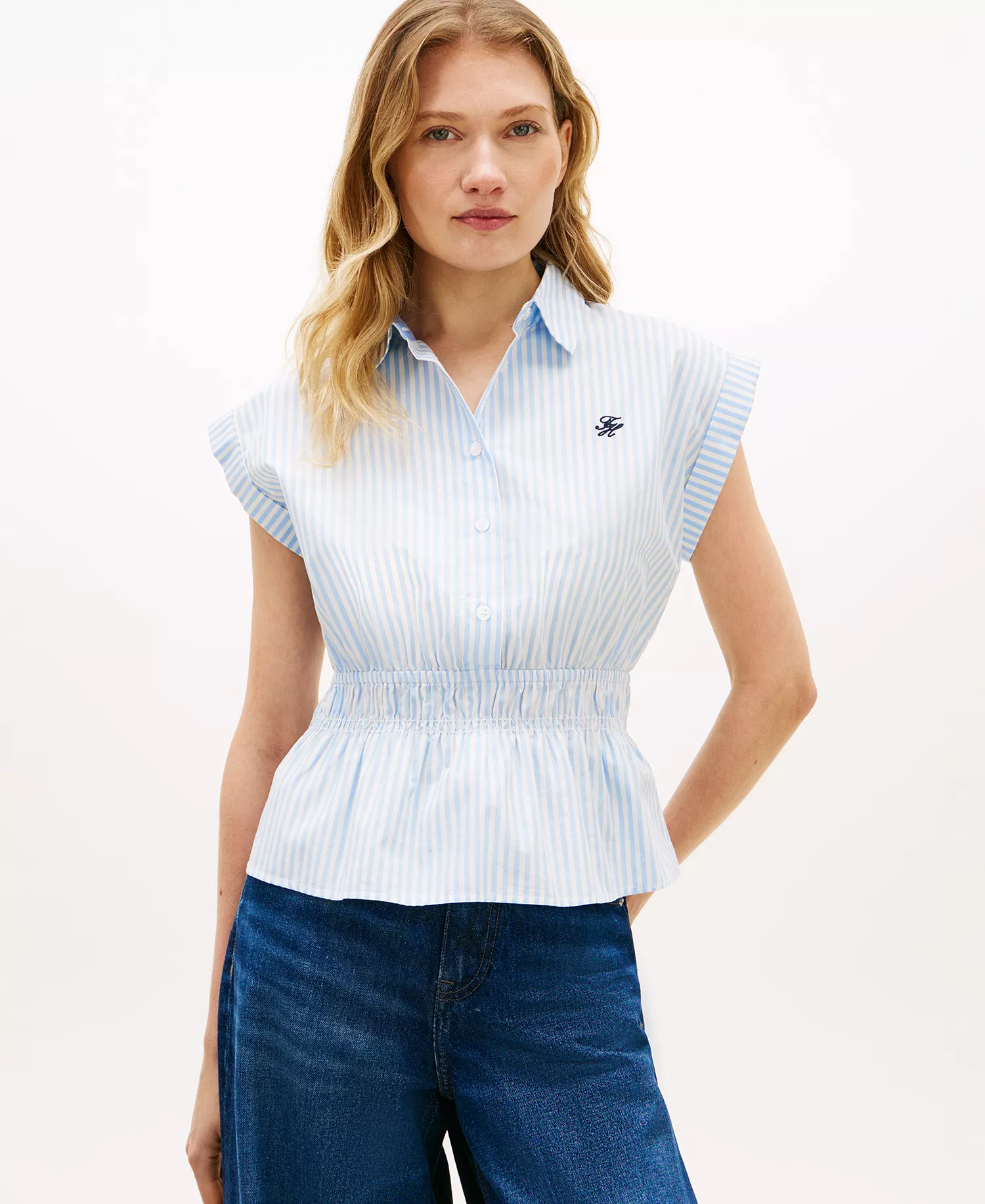 Women's Smocked Waist Shirt - Banker Stripe Vessel Blue / White - L