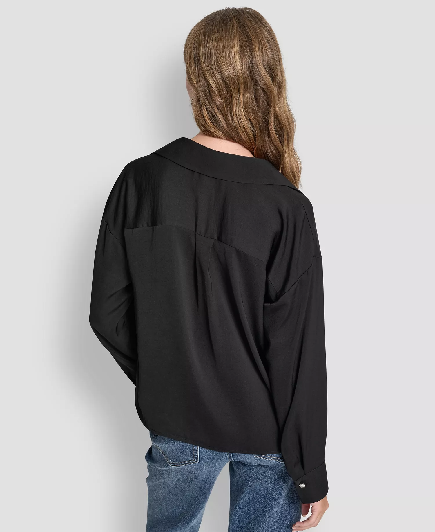 Women's Long-Sleeve Rhinestone Button-Front Shirt With Twist Hem - Black - L
