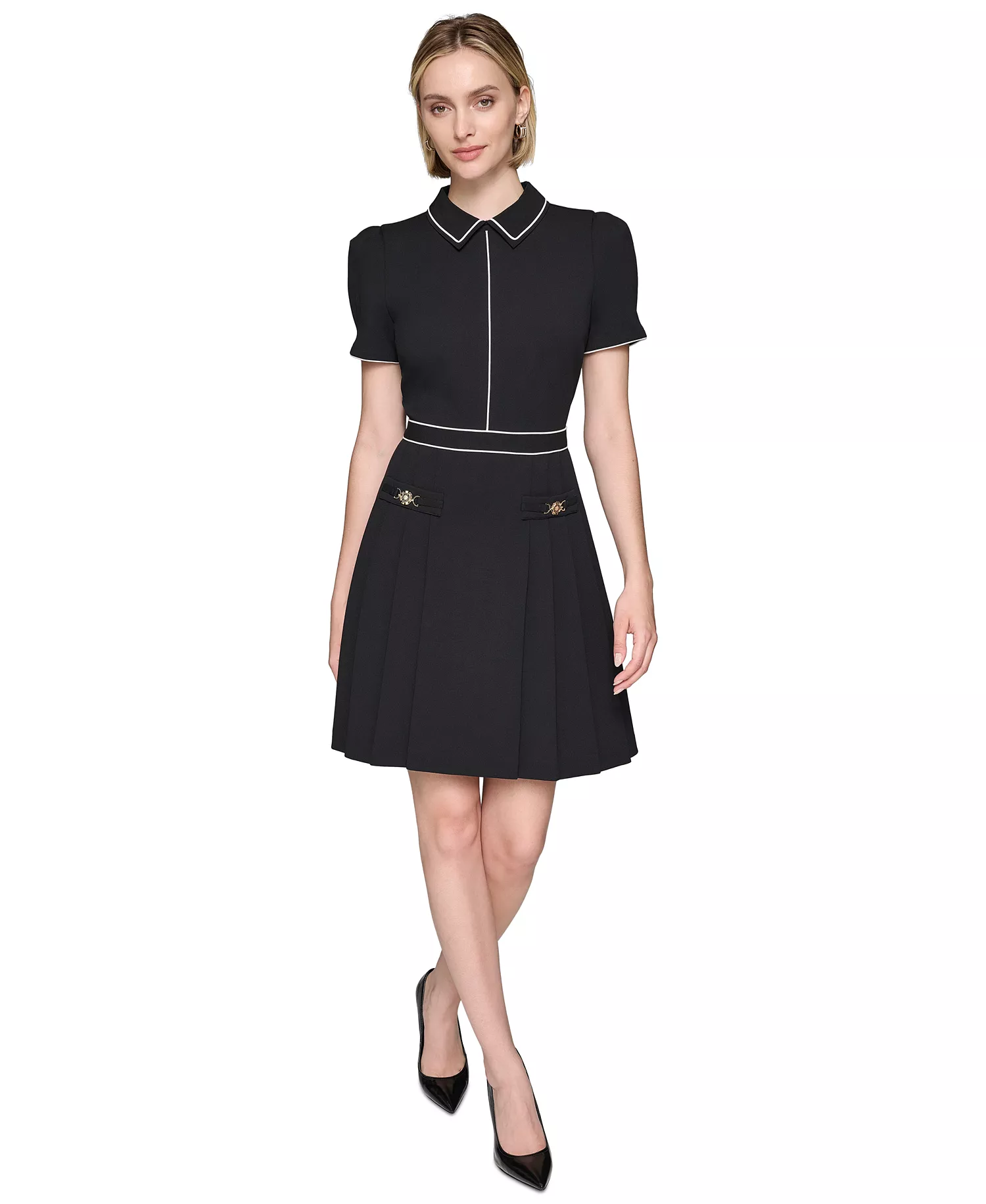 Women's Pleated-Skirt Dress - Blk/sft Wt - 10