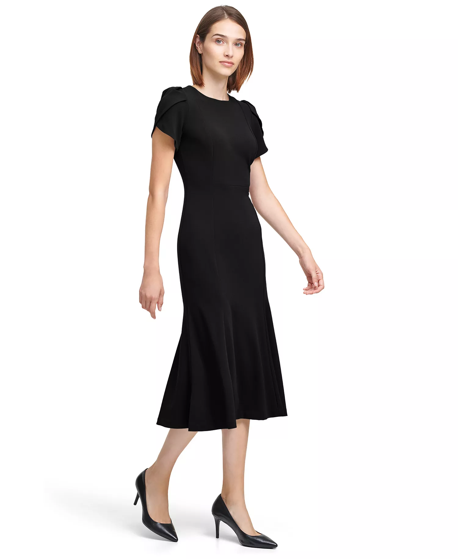 Women's Crew Neck Short-Sleeve Midi Dress - Black - 10