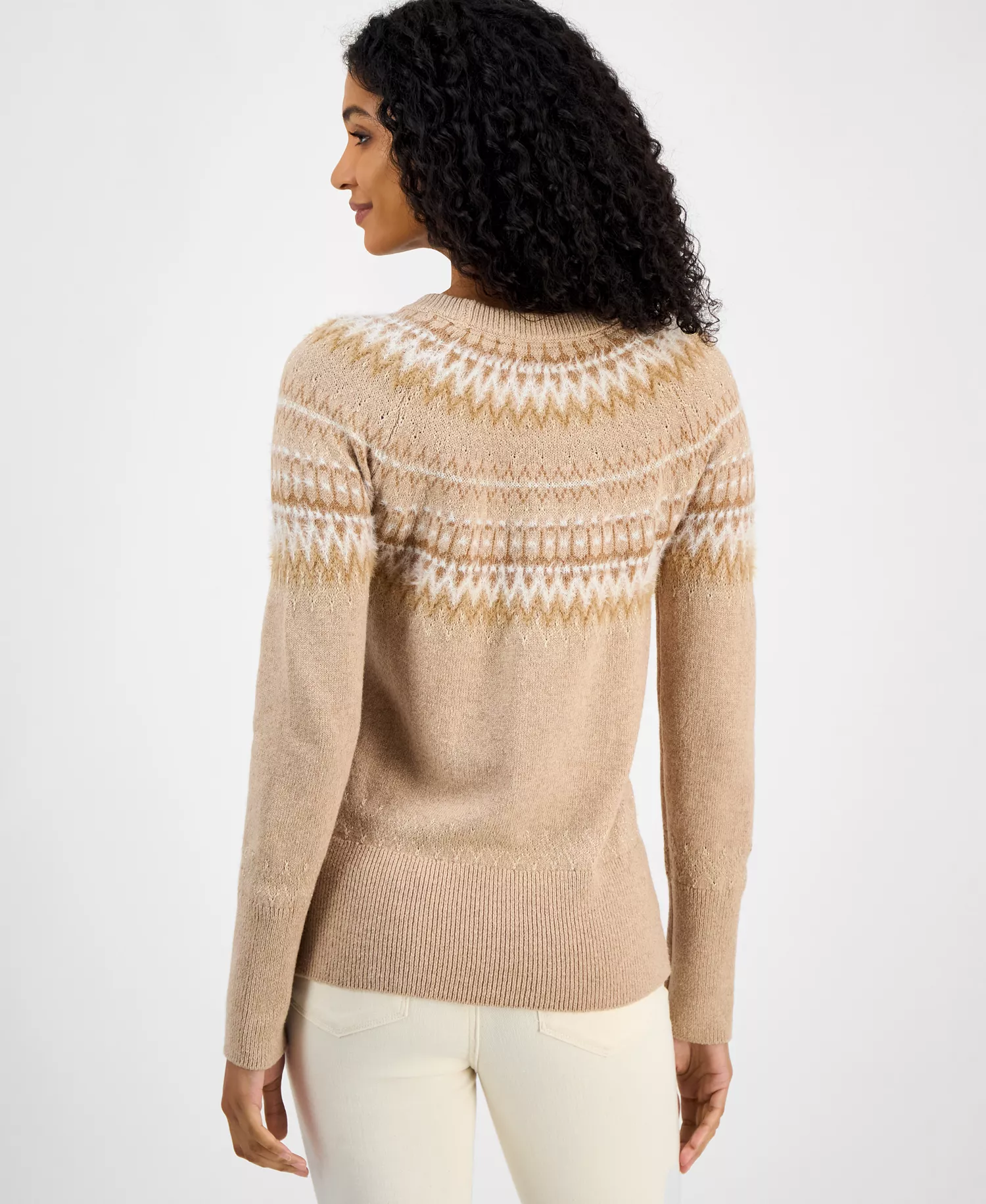 Women's Round-Neck Long-Sleeve Fair Isle Sweater  - Tan - L