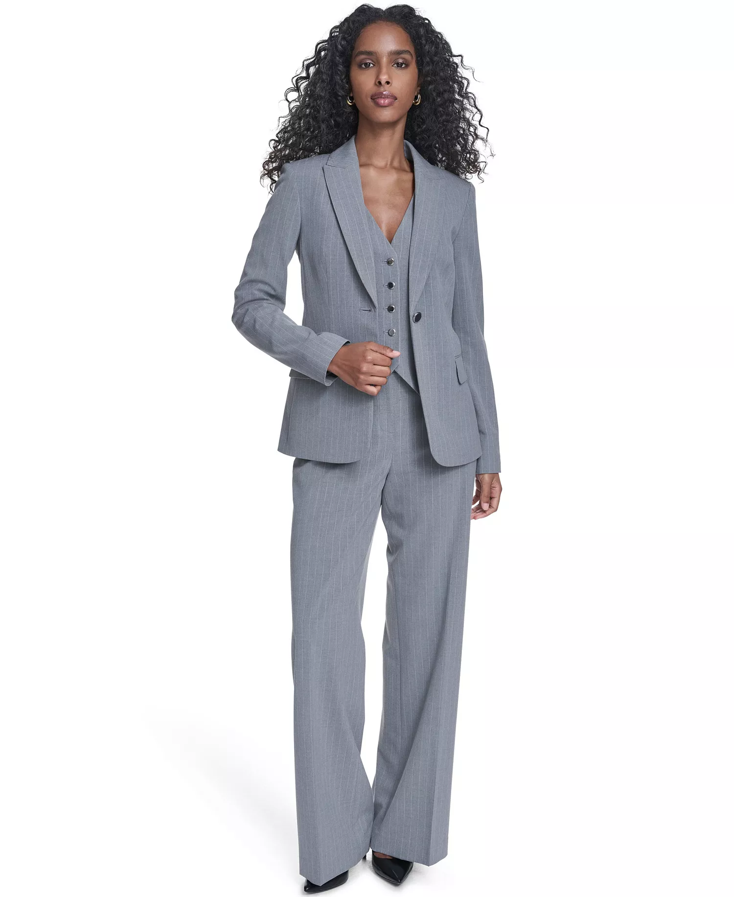 Women's Classic Buttoned Blazer, Pinstripe Vest Top, and Mid-Rise Pants - Heather Charcoal/cream - 10