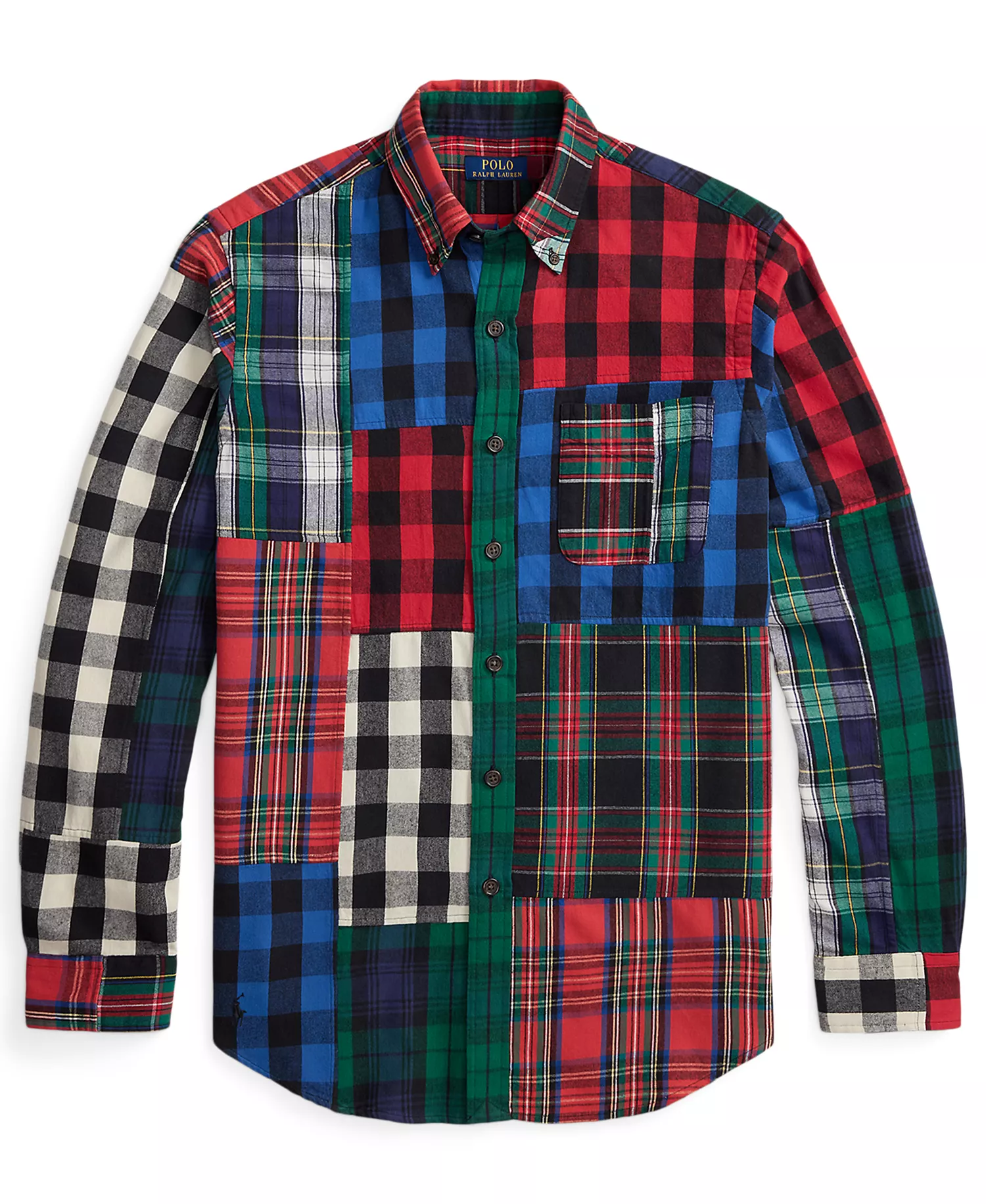 Men's Button-Down Polo Shirt - Holiday Buffalo Patchwork - XS