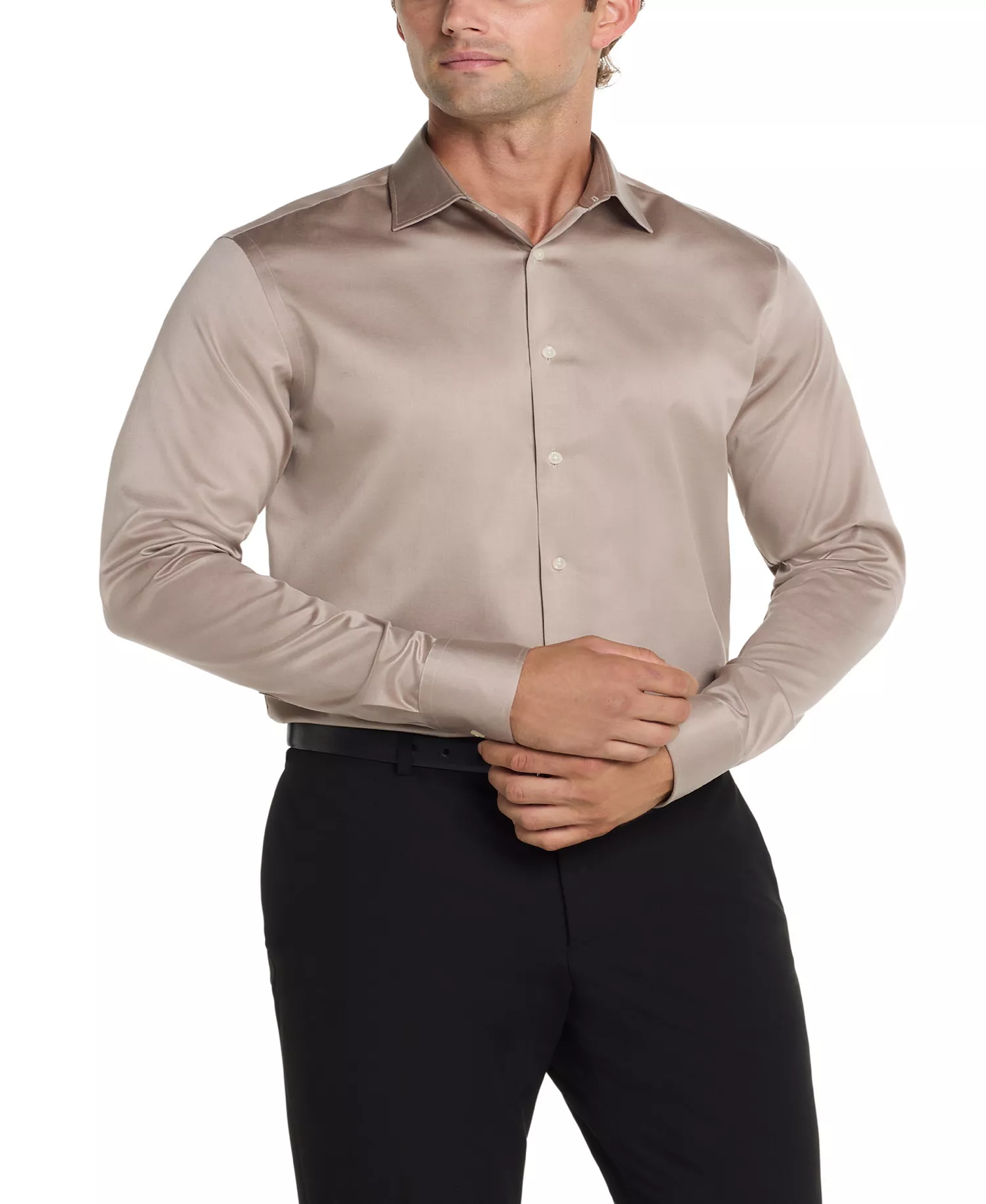 Men's Refined Cotton Stretch, Regular Fit Dress Shirt - Khaki - 16 32/33