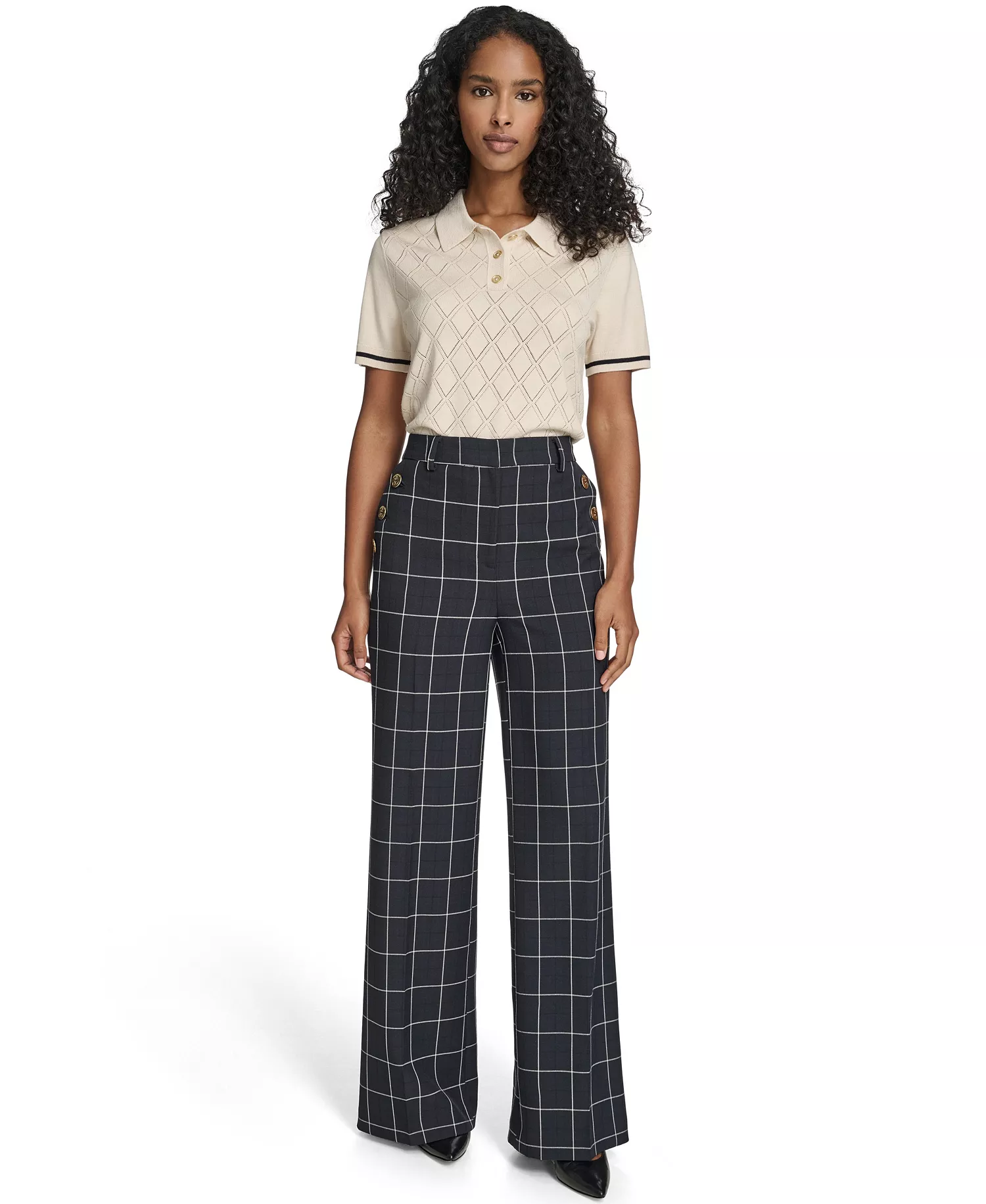 Women's High Rise Windowpane Sailor Pants - Navy/ Ivory - 0
