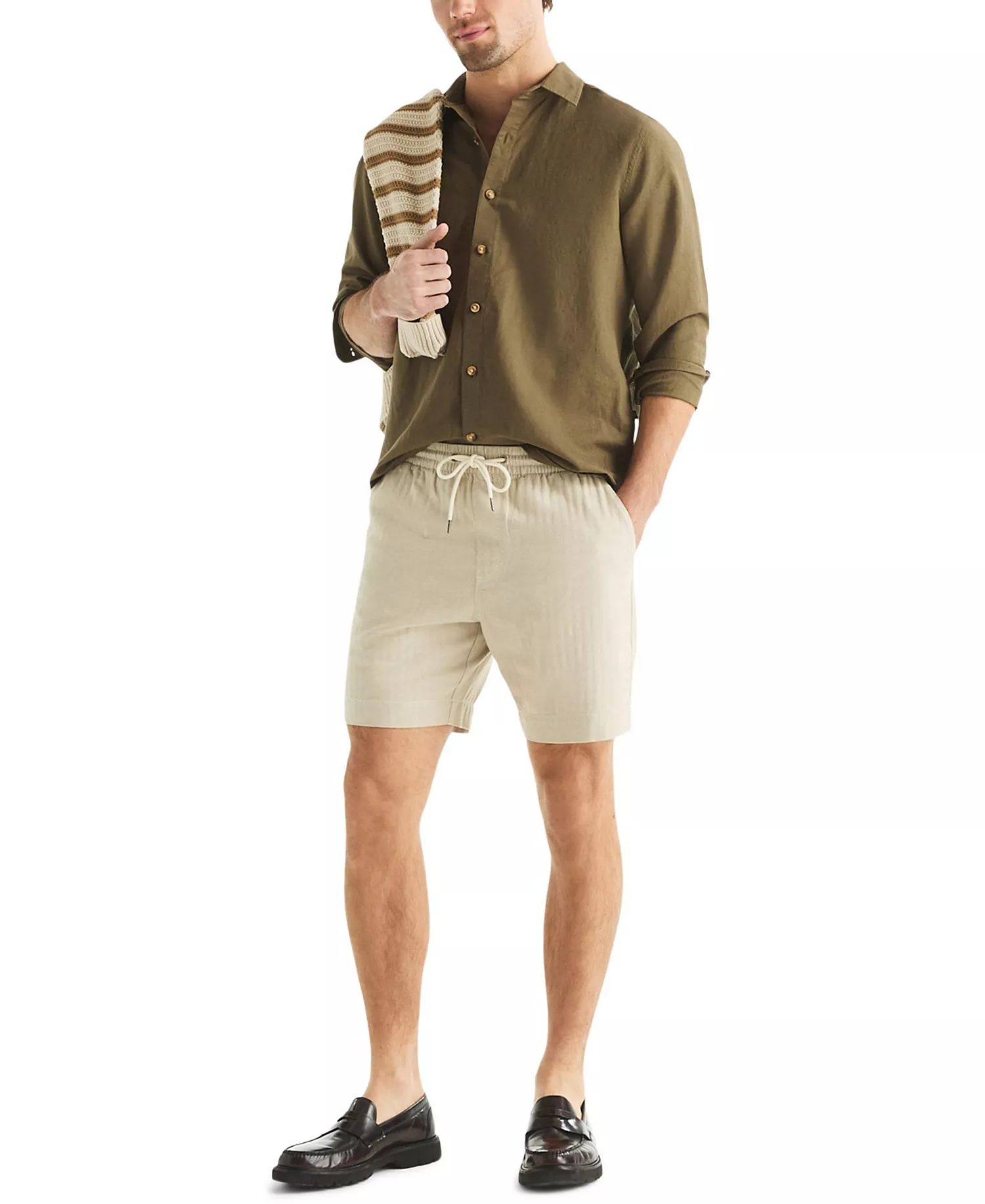 Men's Regular-Fit 7" Cotton Herringbone Shorts - Beige - L