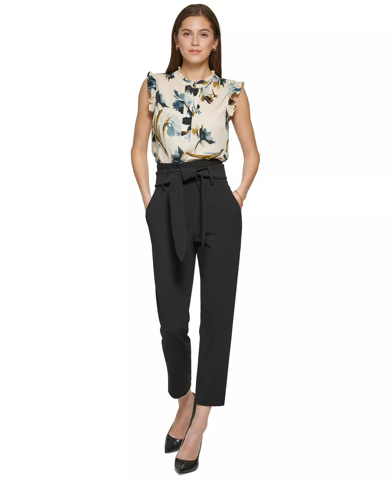 Women's Tie-Waist High-Rise Straight-Fit Pants  - Black - 0