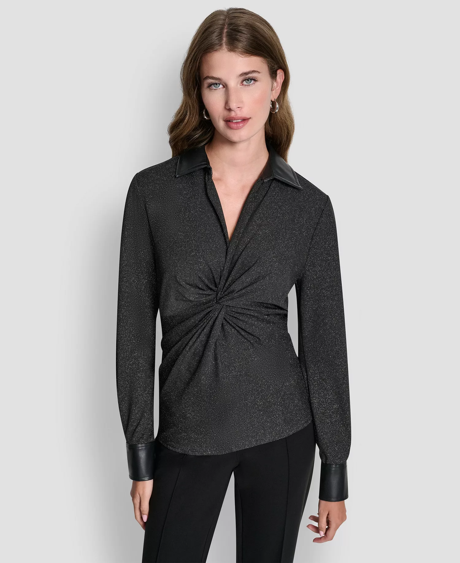 Women's Knit Twist Front V-Neck Top - Black/silver - L