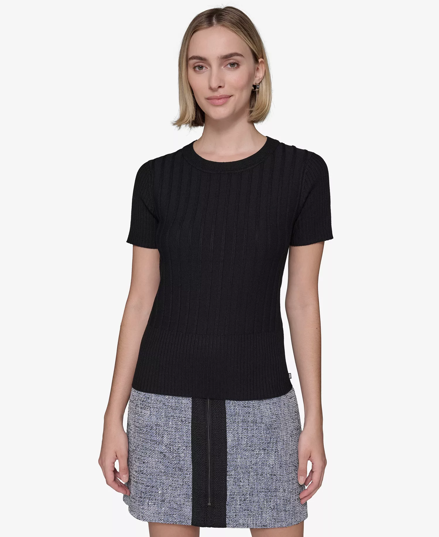 Women's Ribbed Short-Sleeve Sweater  - Black - L