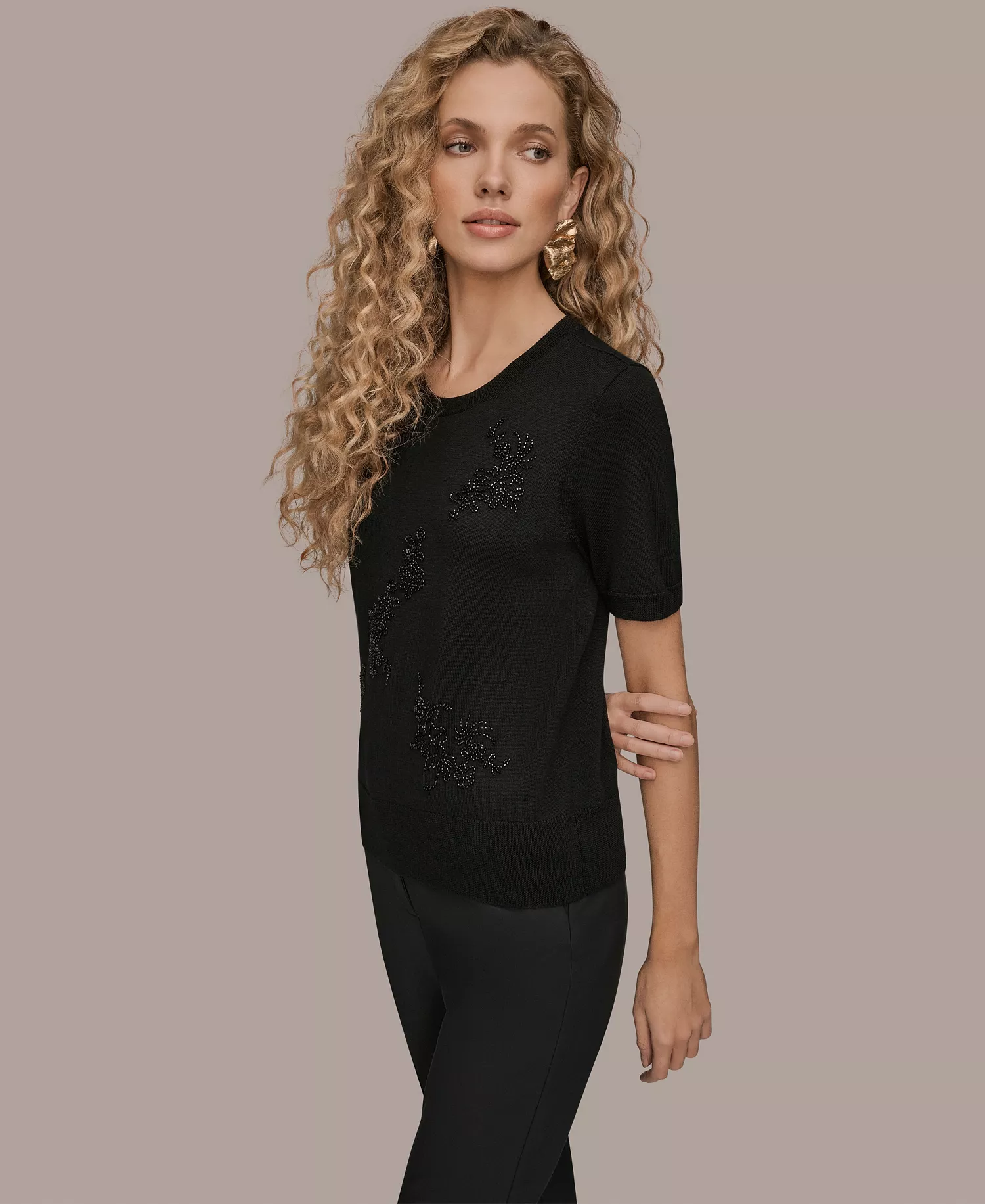 Women's Beaded Crewneck Sweater - Black - L