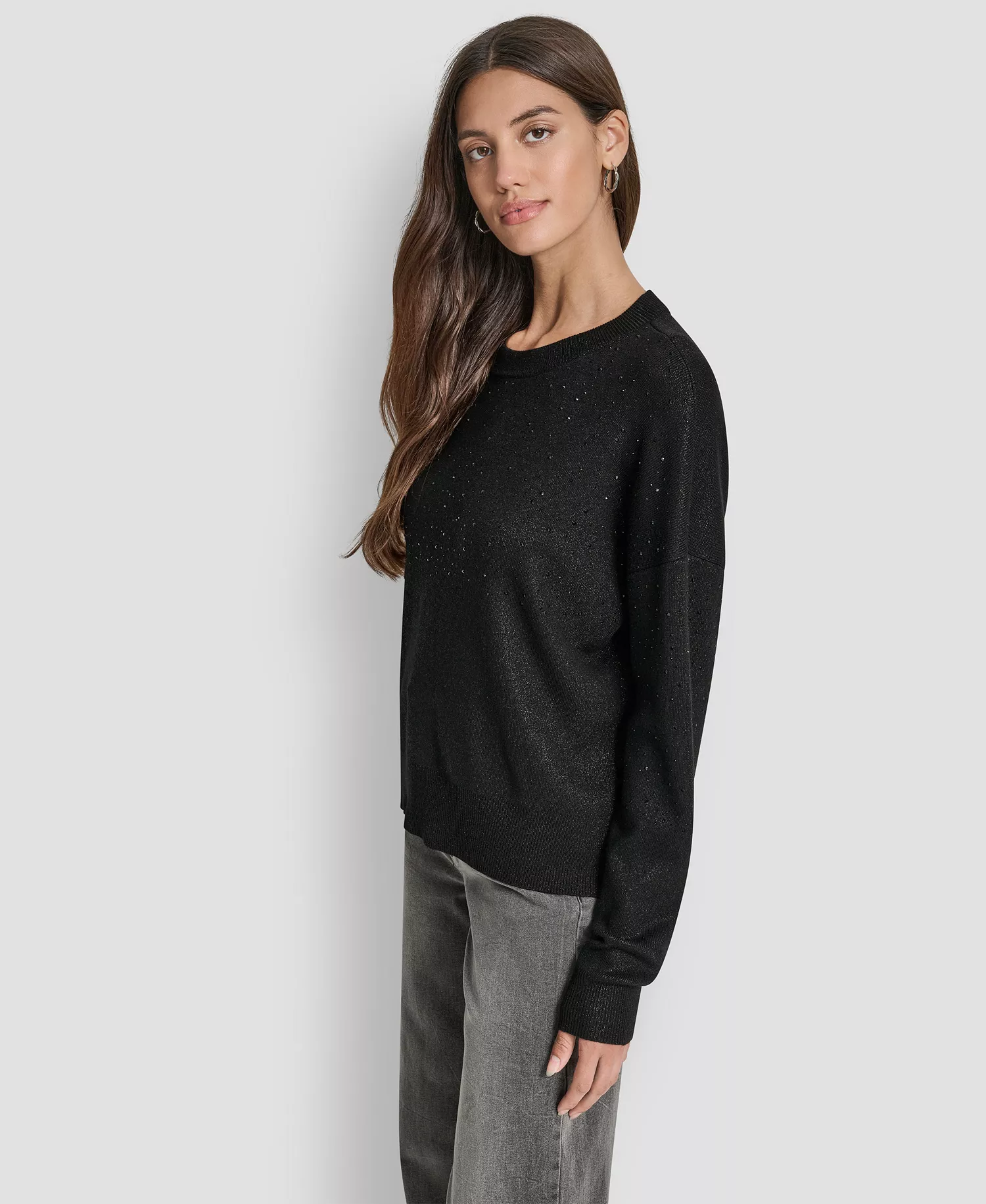 Women's Sparkle Hotfix Long Sleeve Sweater - Black - L