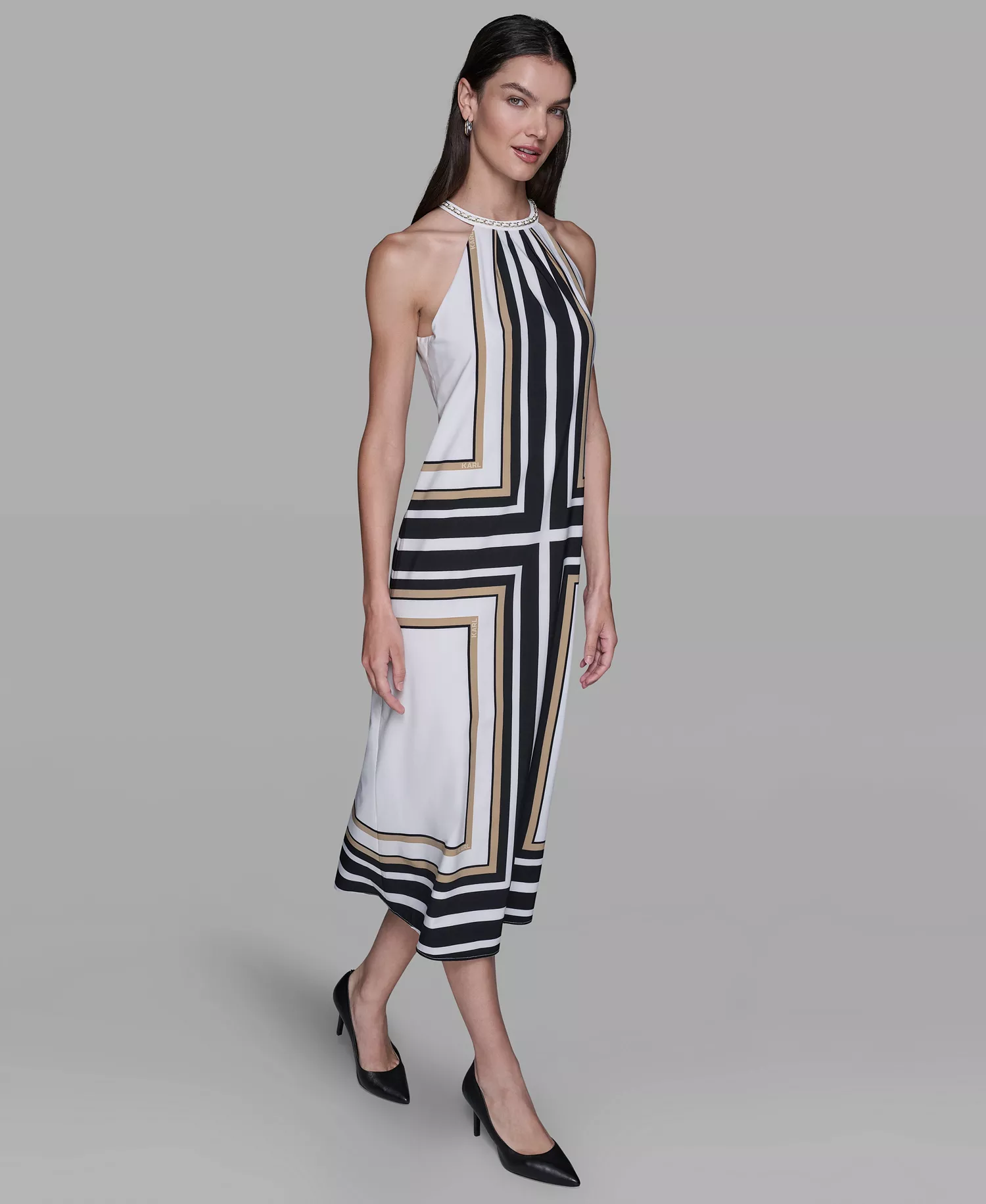 Women's Halter Neck Printed Midi Dress - Soft White Khaki Multi - 0