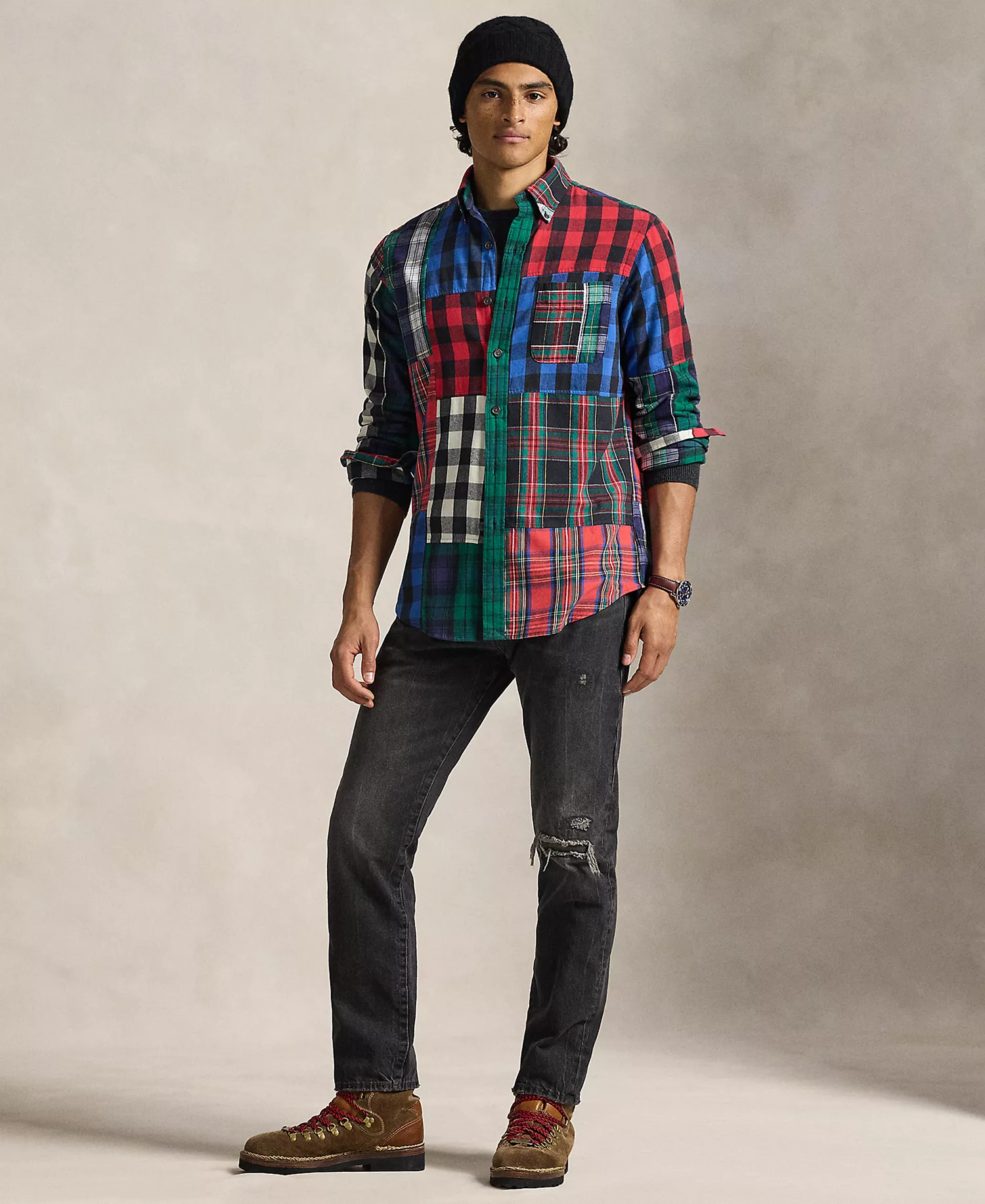 Men's Button-Down Polo Shirt - Holiday Buffalo Patchwork - XS