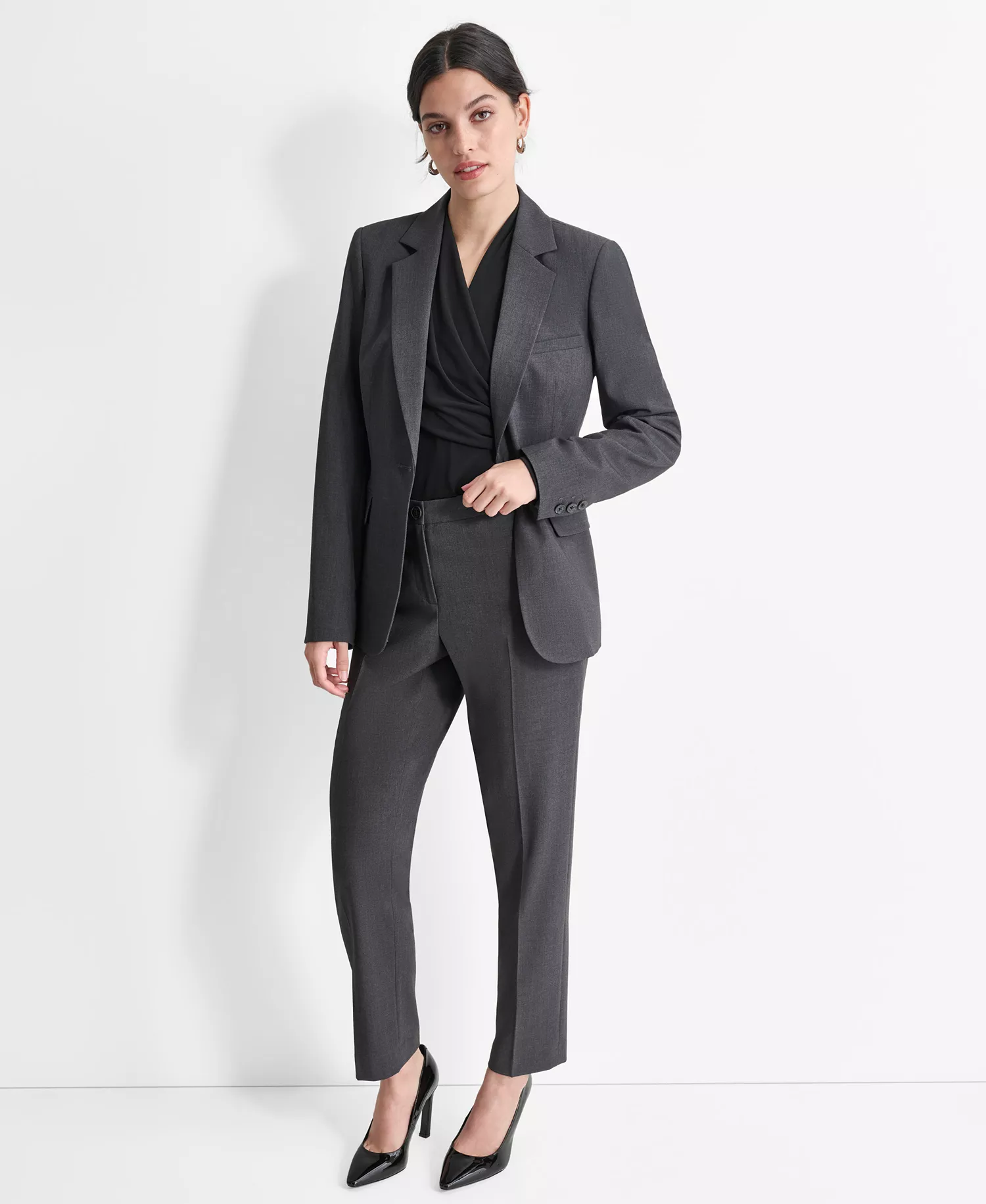 Women’s Notch-Lapel Button-Front Long-Sleeve Jacket  - Charcoal - 10
