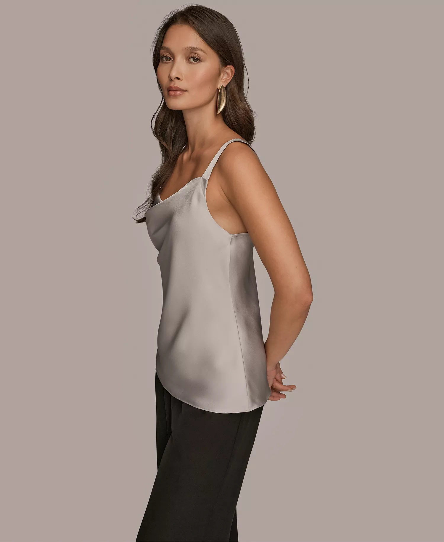 Women's Silk Cowl Neck Sleeveless Camisole Top - Light Grey - L