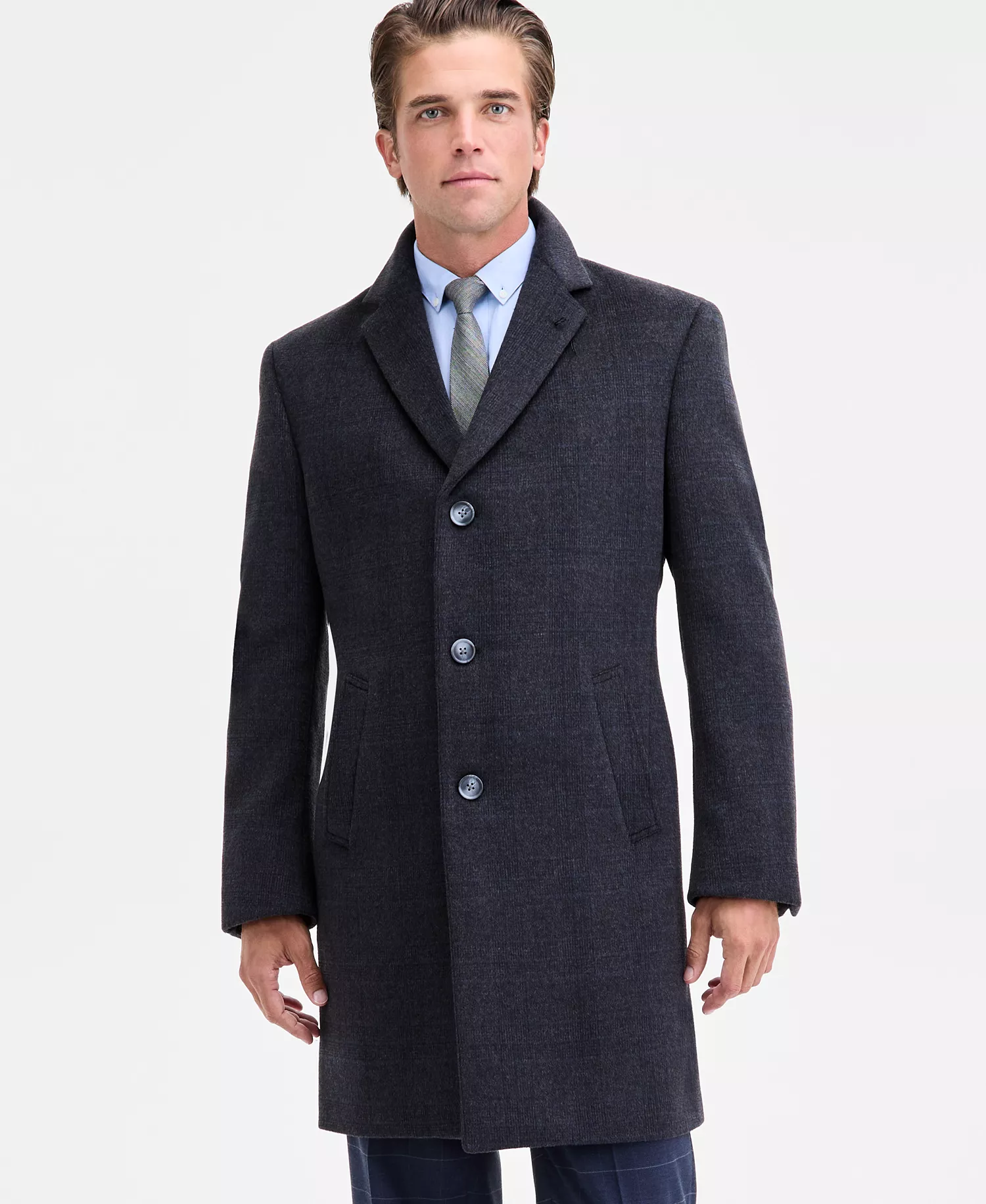 Men's Modern-Fit Wool-Blend Overcoat  - Grey Plaid - 36R