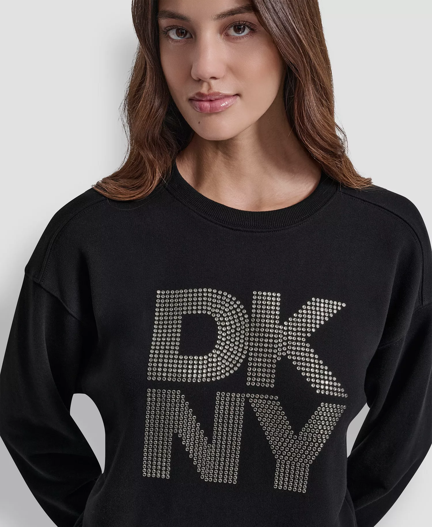 Women's Rhinestone Logo Cotton Crewneck Sweatshirt - Black/Smoke Silver - L