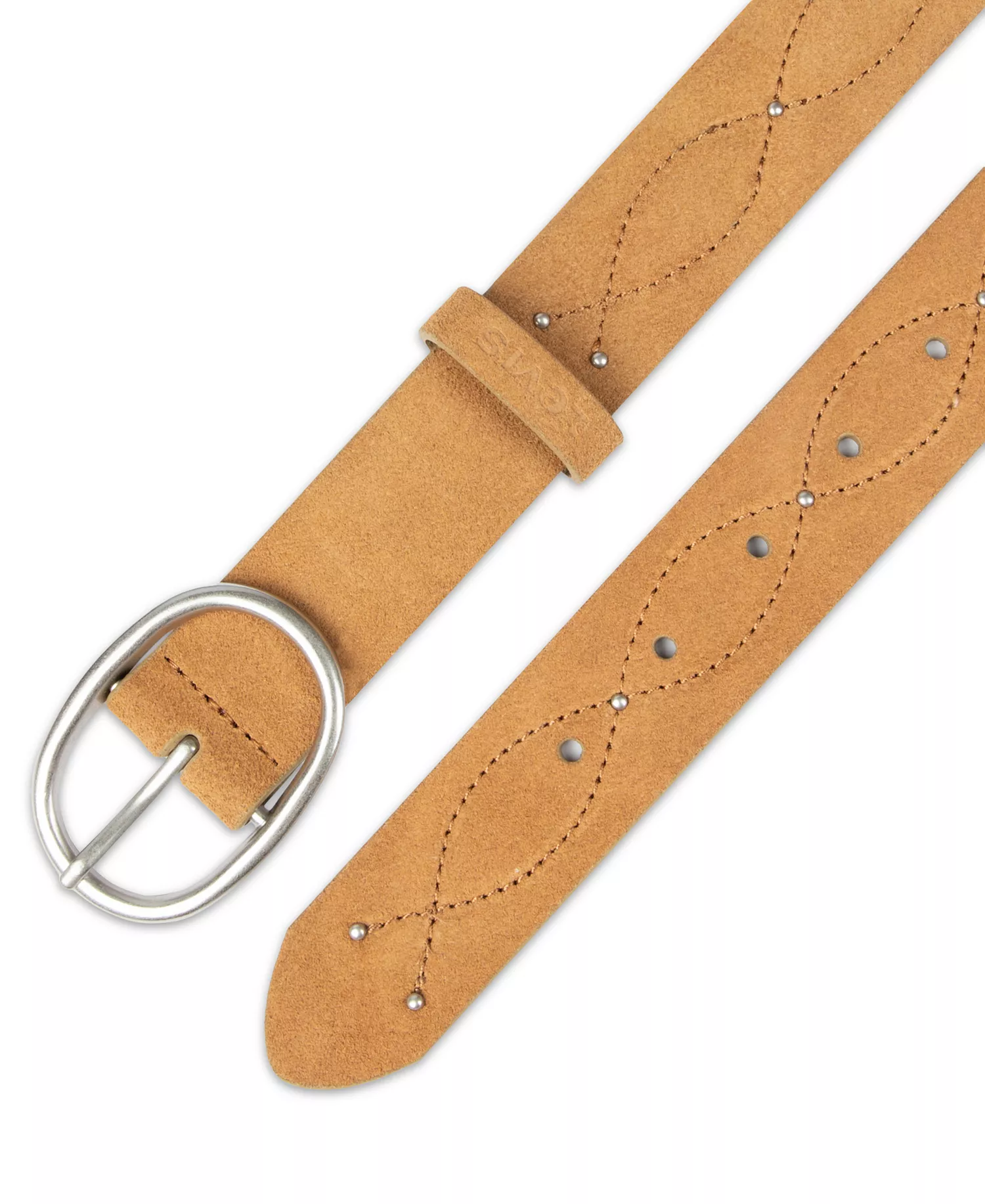 Western Stitched & Studded Suede Belt - Dark Beige - L