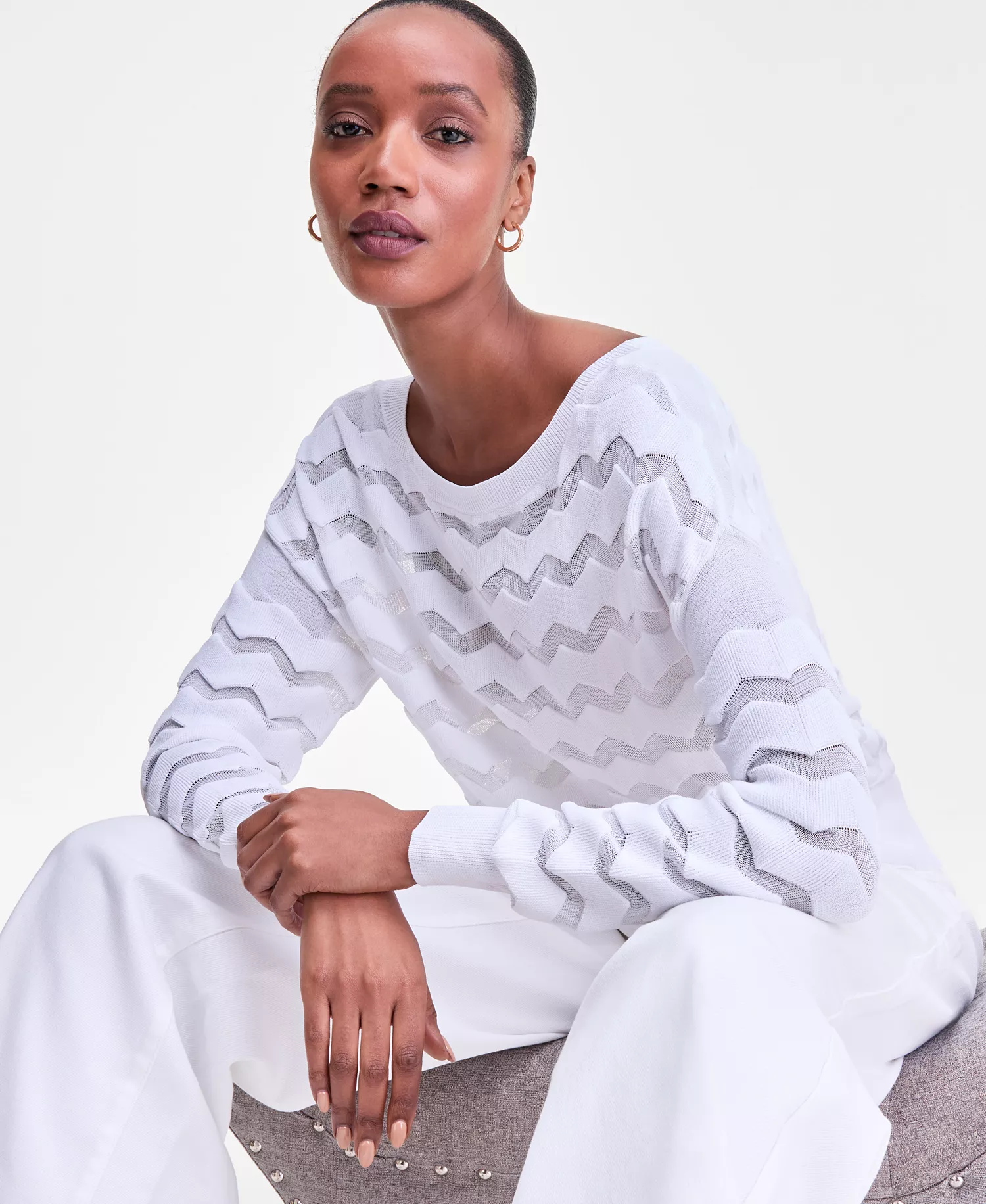 Women's Sheer Chevron Stripe Sweater, Macy's Exclusive - Bright White - L