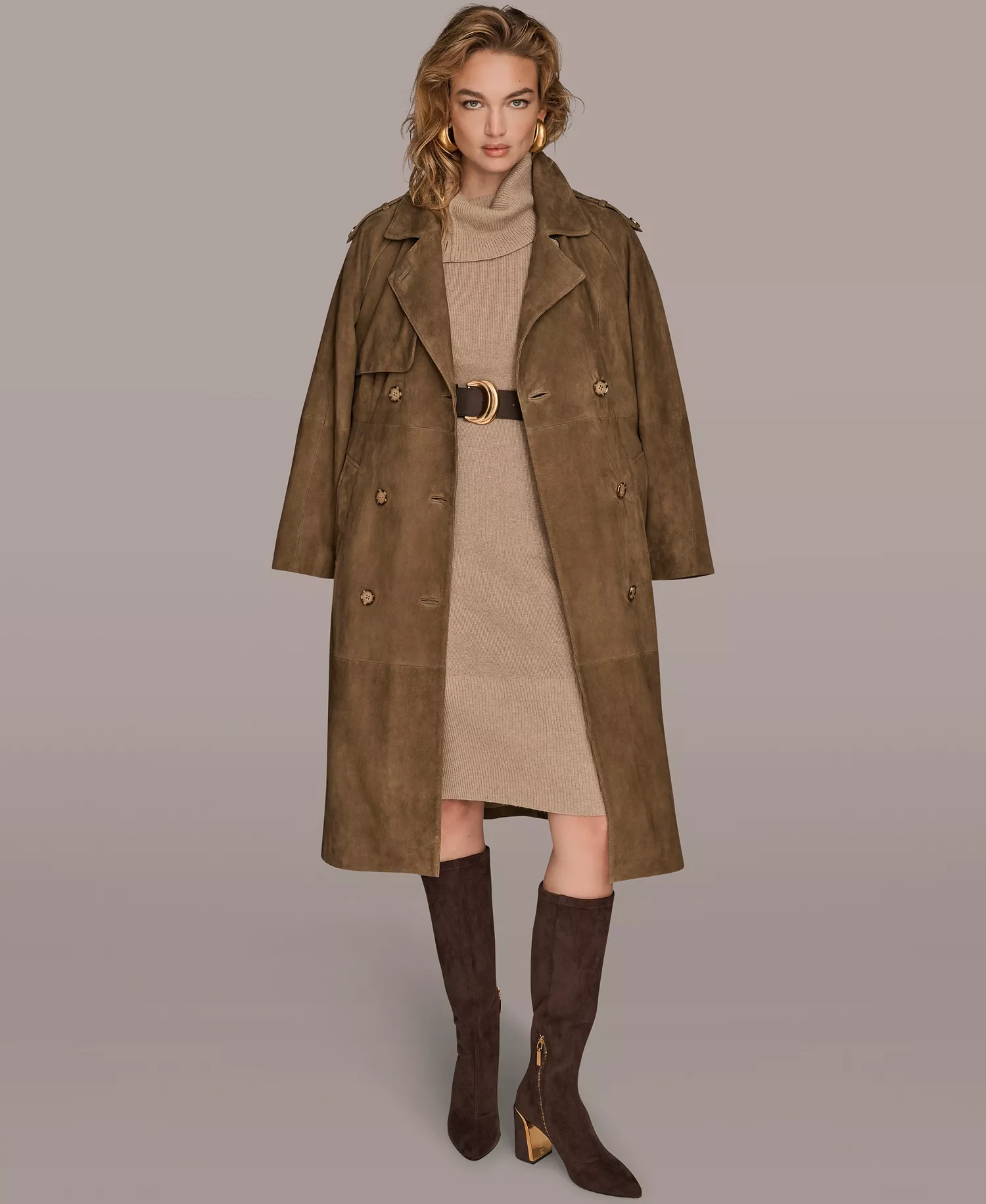 Women's Double Breasted Belted Trench Coat - Brown - M