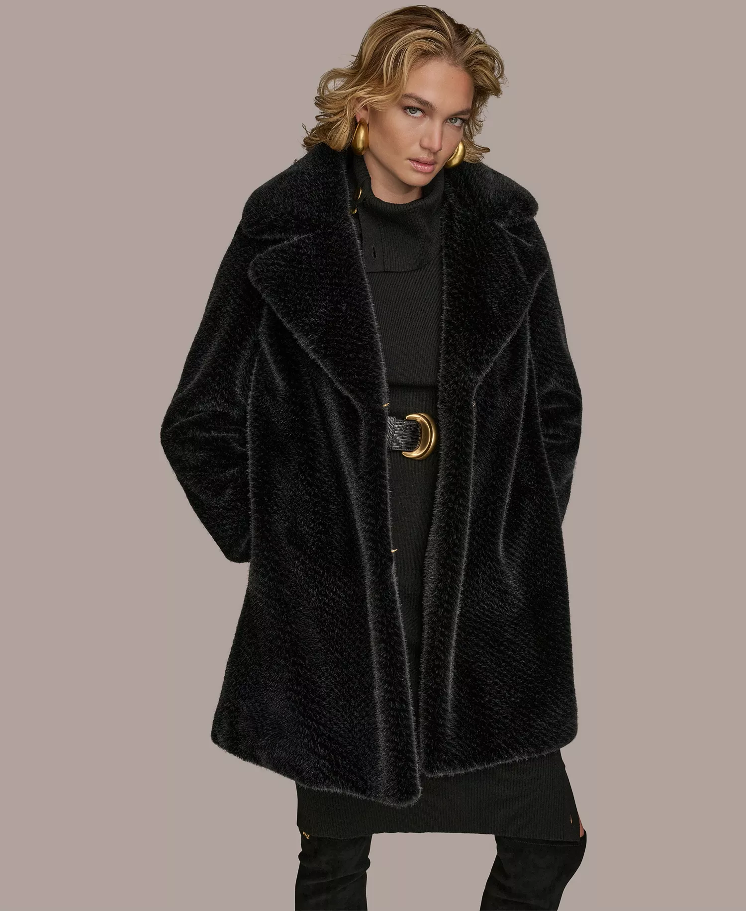 Women's Notched-Collar Faux-Fur Coat - Black - M