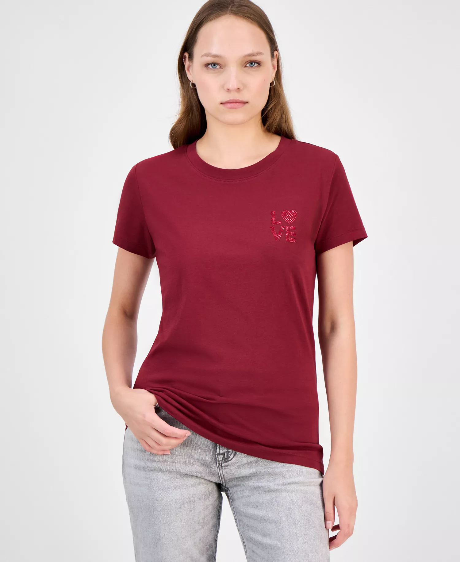 Women's Love Rhinestone T-Shirt - Dark Red - M