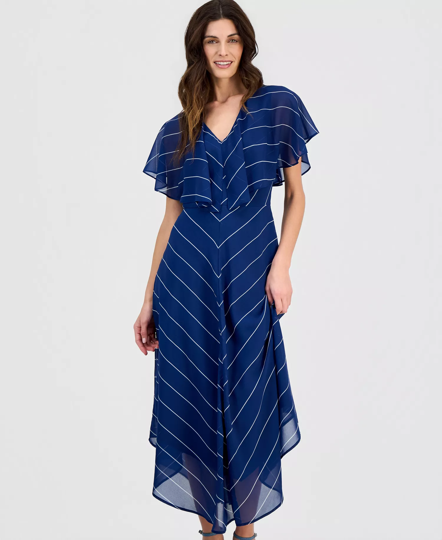 Women's Capelet-Sleeve Point-Hem Dress, Macy's Exclusive - Cait Stripe - L