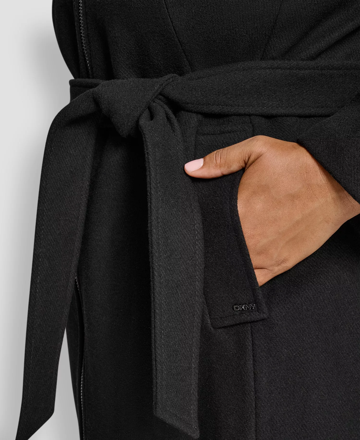 Plus Size Belted Zip-Up Wool Coat - Black - 0X