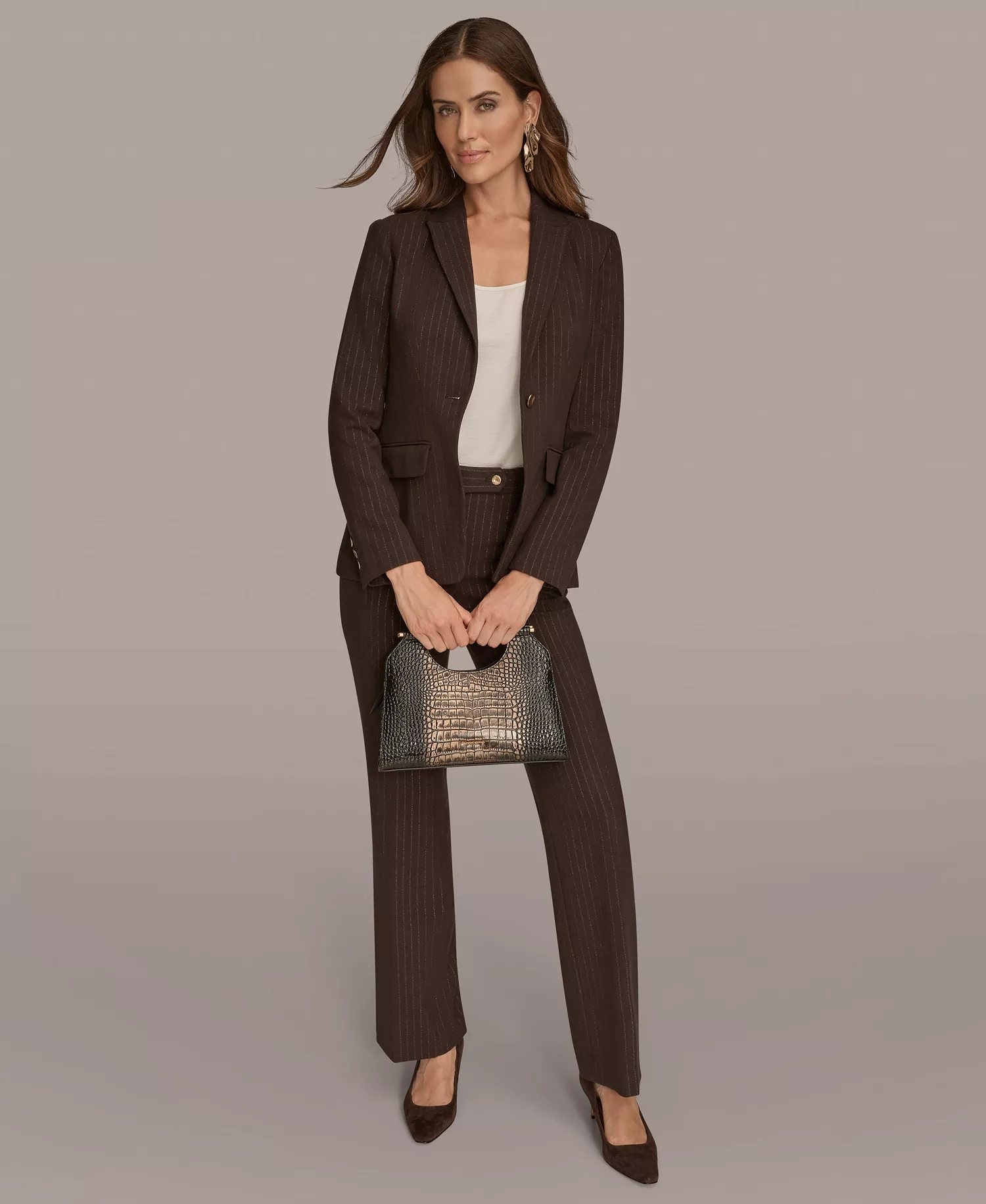 Women's Pinstripe One Button Blazer and Mid Rise Straight Fit Pinstripe Pant - Chocolate Plum/gold - 0