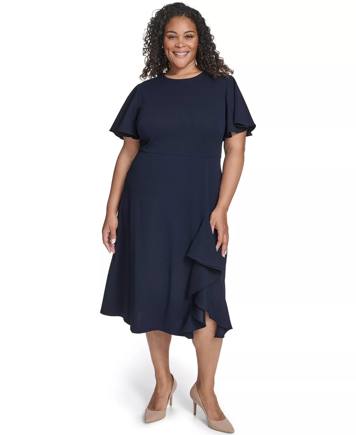 Plus Size Flutter Sleeve Round Neck Midi Dress - Indigo - 14W