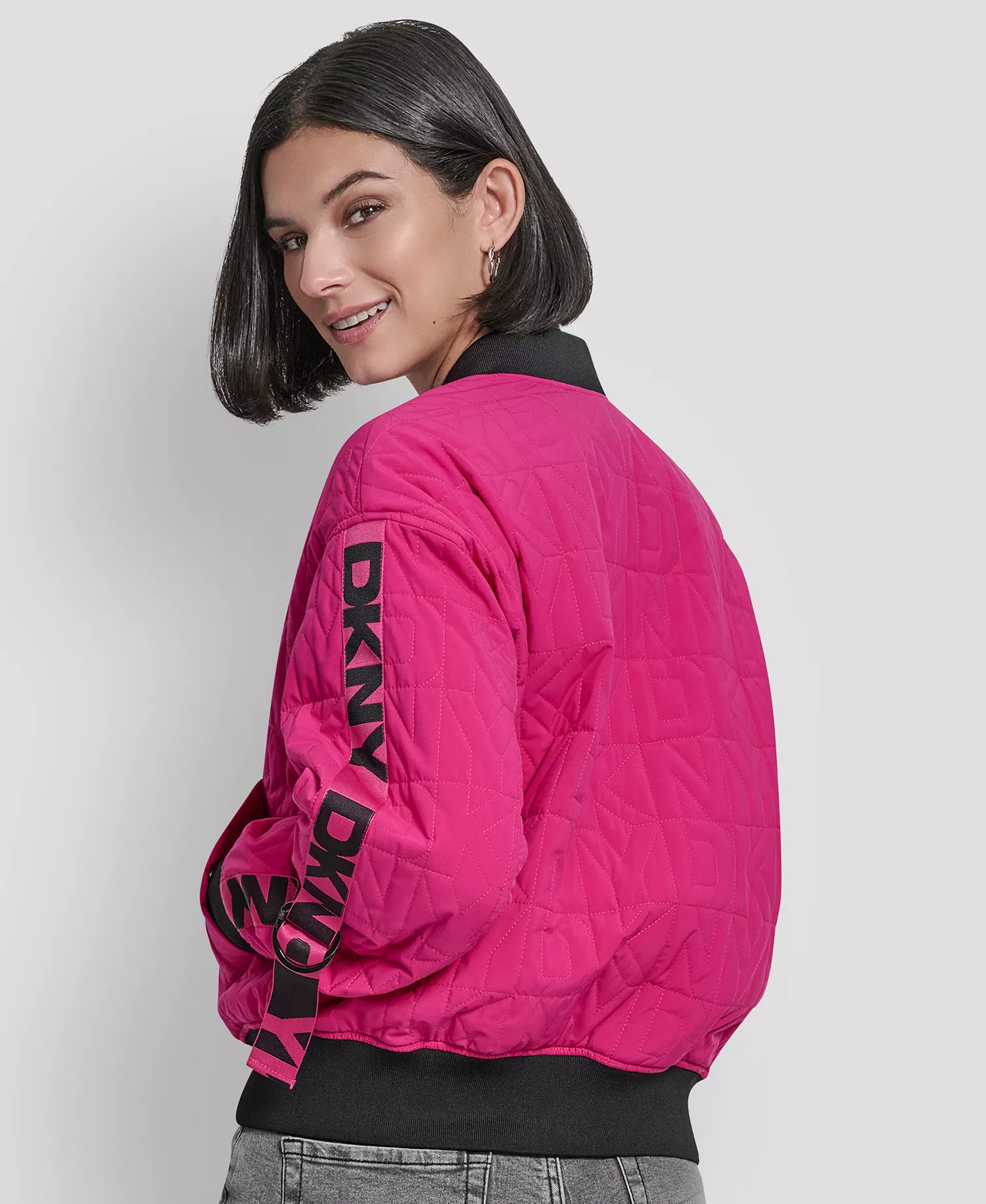 Women's Collar Zip-Front Quilted Bomber Jacket - Fuchsia - XS