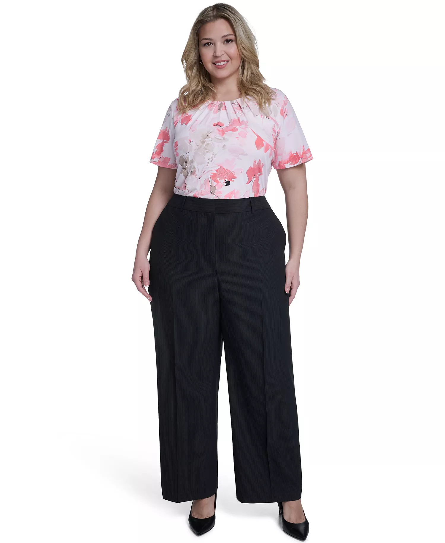 Plus Size Stripe Wide-Leg Pants - Black - 14W