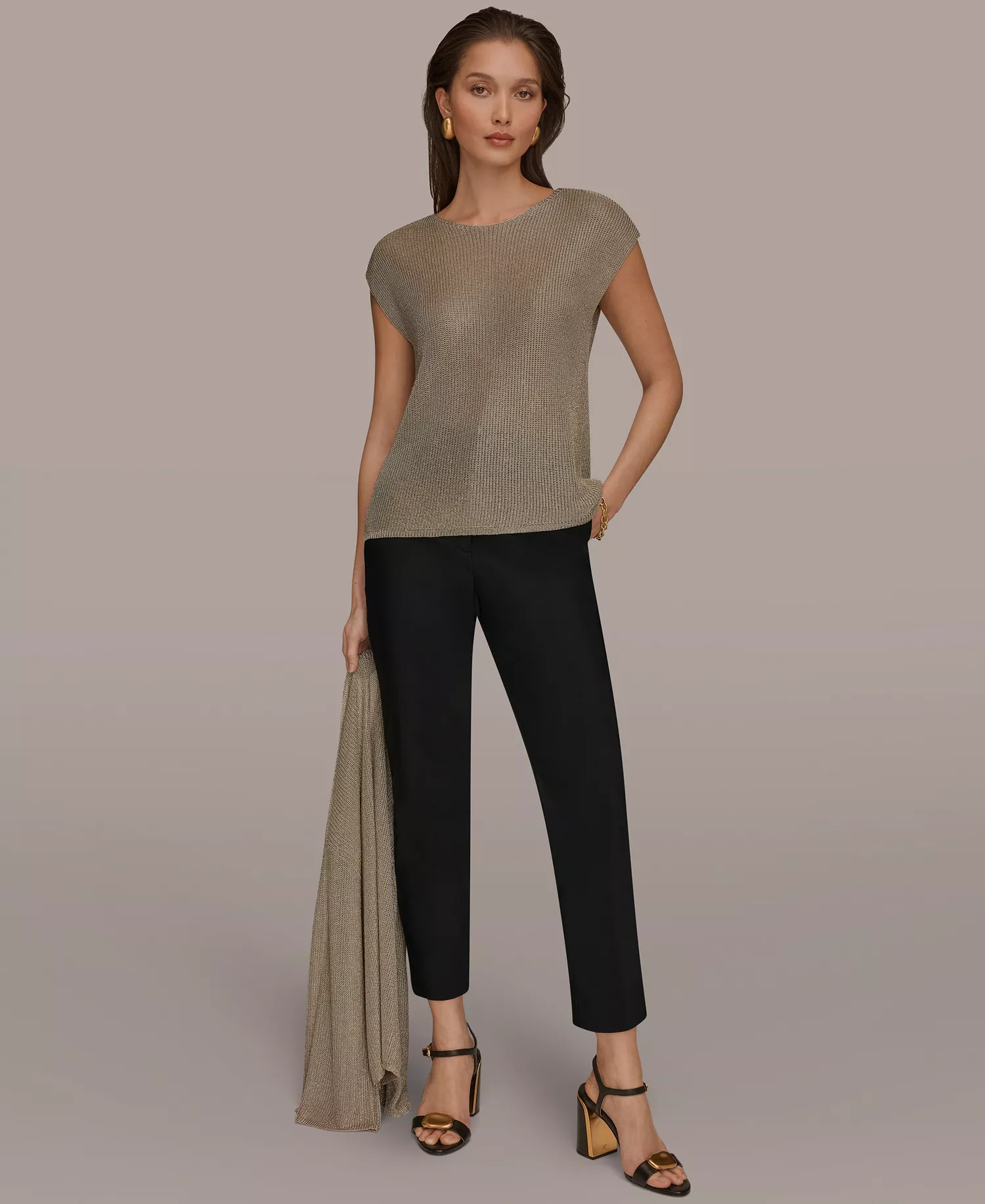 Women's Sleeveless Metallic Crew Neck Sweater - Tan/Beige - L