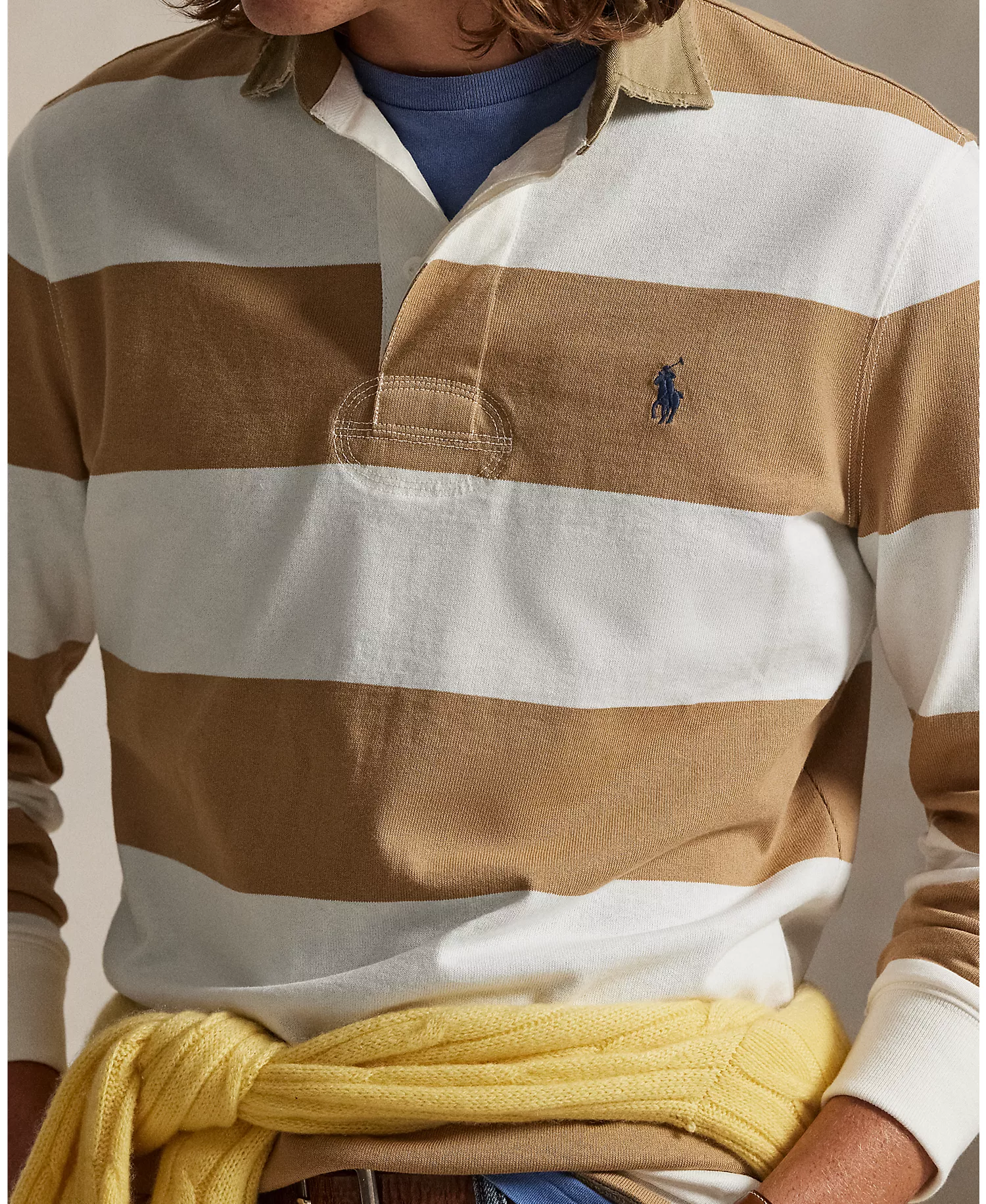 Men's Classic Fit Rugby Shirt - Cafe Tan/trophy Cream - 2XL