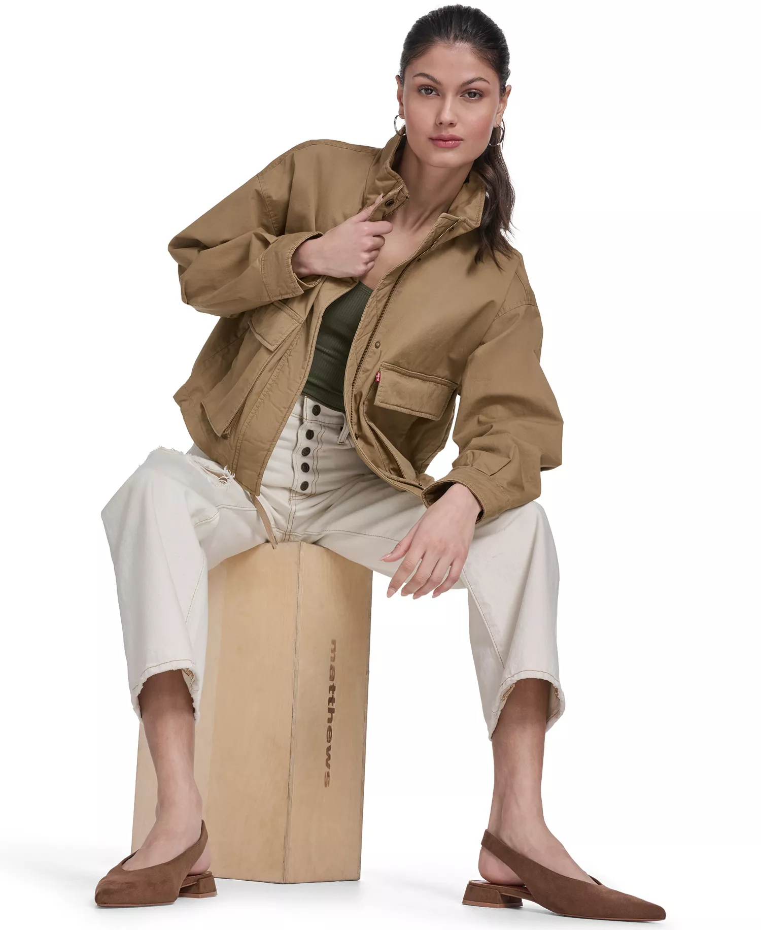 Women's Stand Collar Zipper Jacket - Camel - L