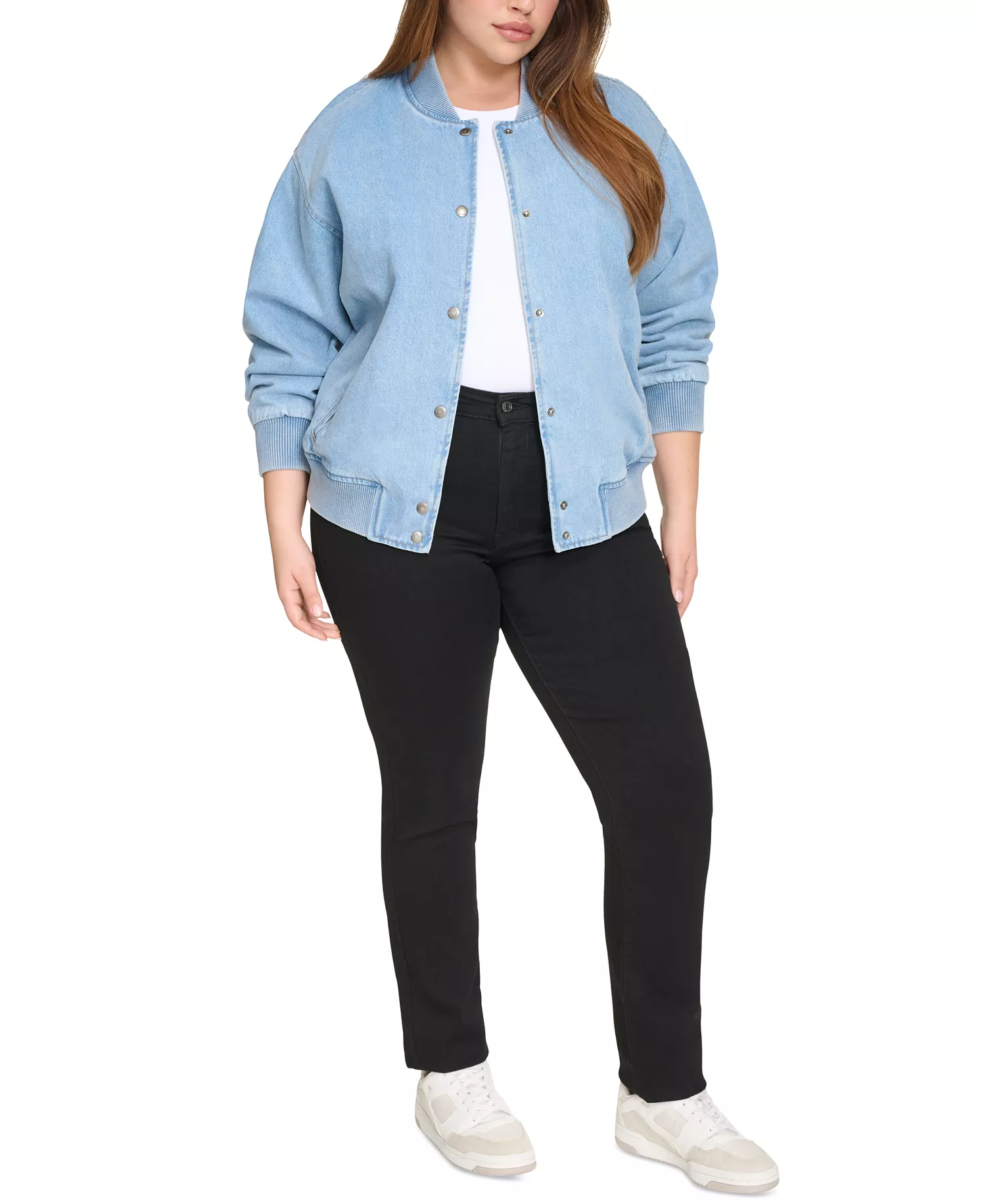Plus Size Varsity Cotton Denim Bomber Jacket - Light Wash Denim - 1X