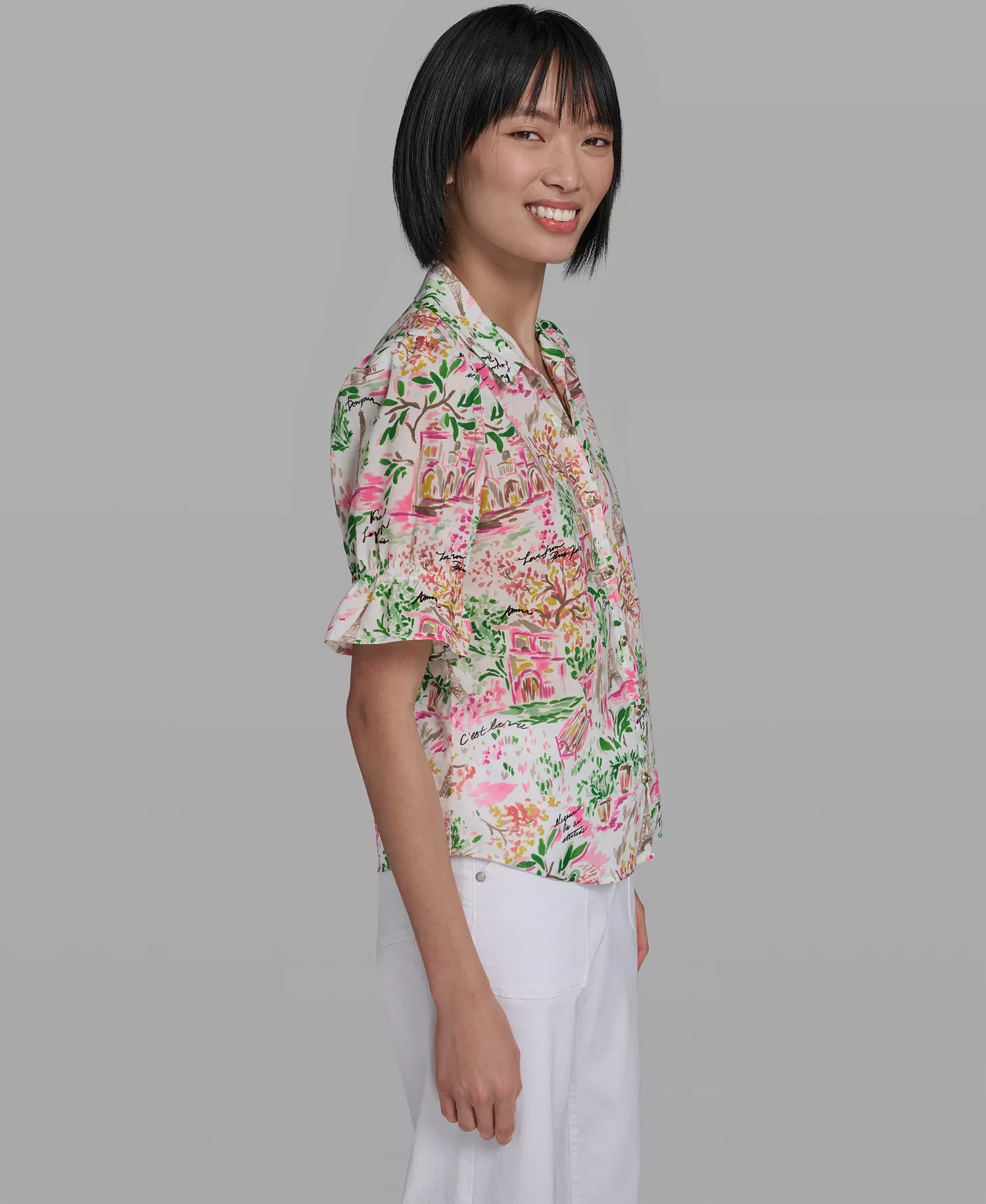Women's All-Over Parisian Floral Printed Button Down Top - Soft White/pink Carnation Multi - L