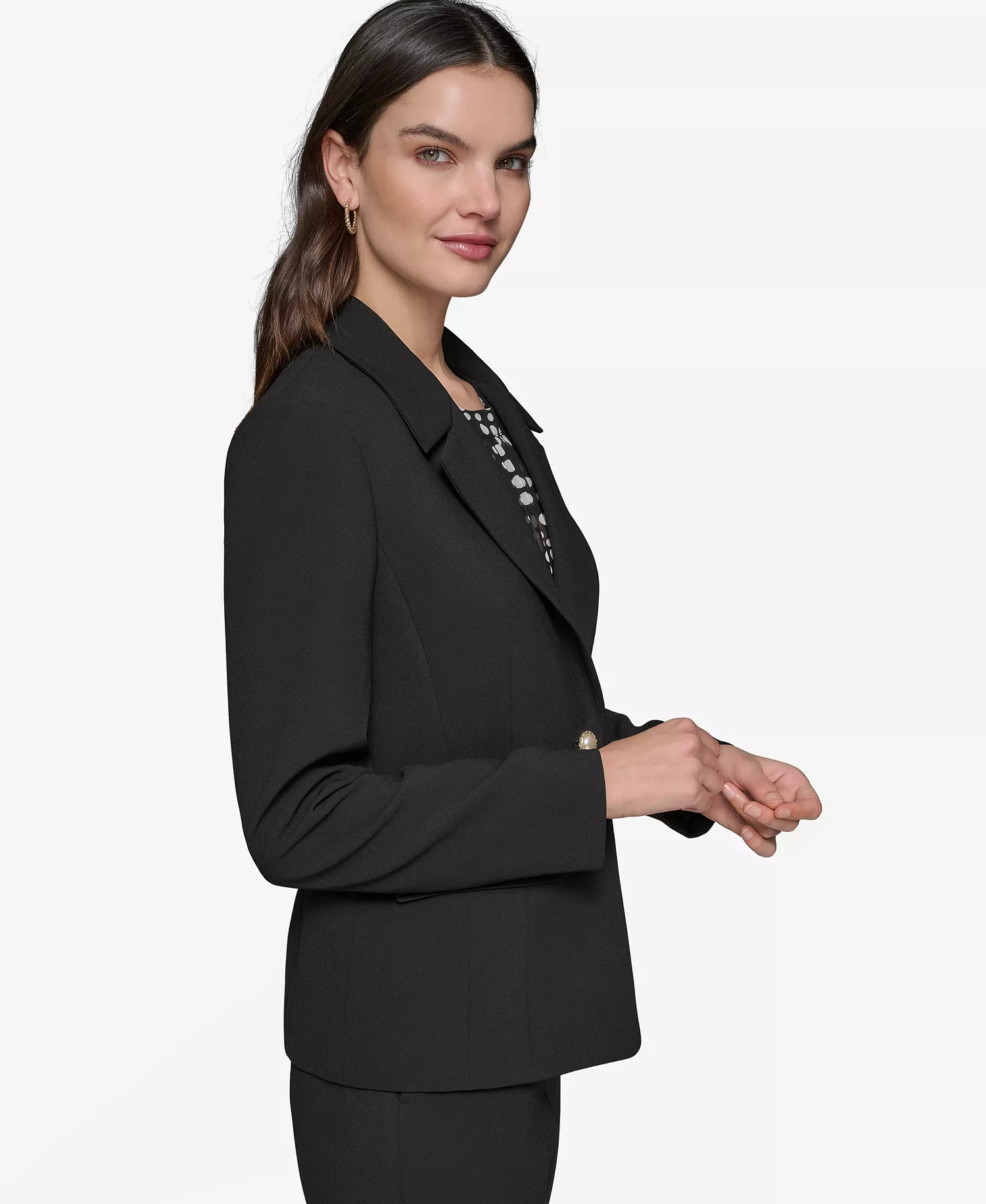 Women's Notched-Lapel Single-Button Blazer, Ruffled Rib-Knit Sleeveless Top & Pleated Button-Front Skirt - Black - 8