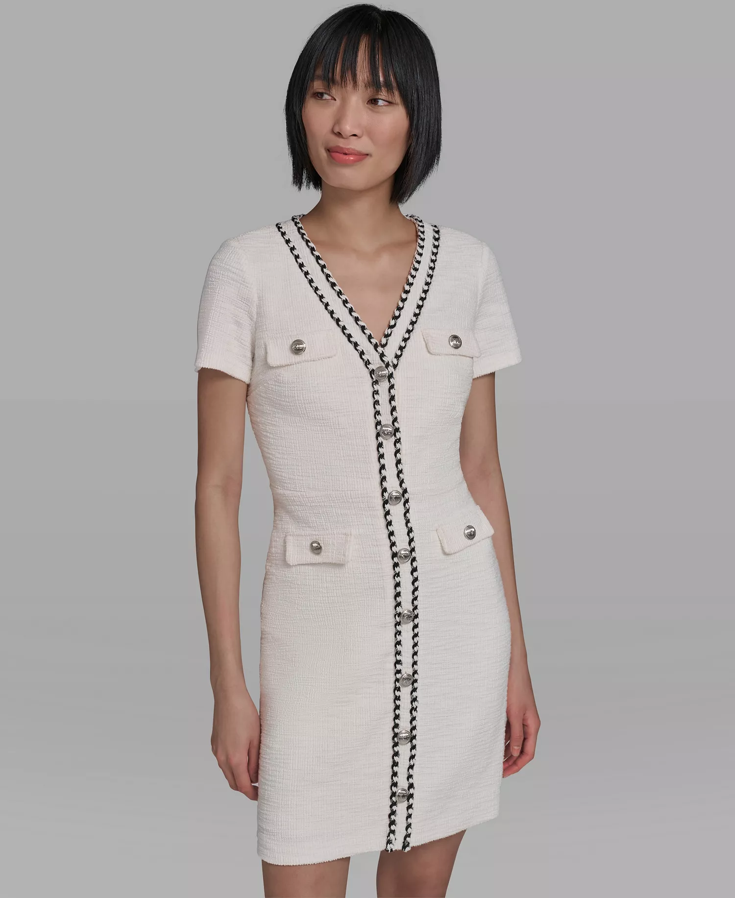 Women's V-Neck Tweed Sheath Dress - White - 10