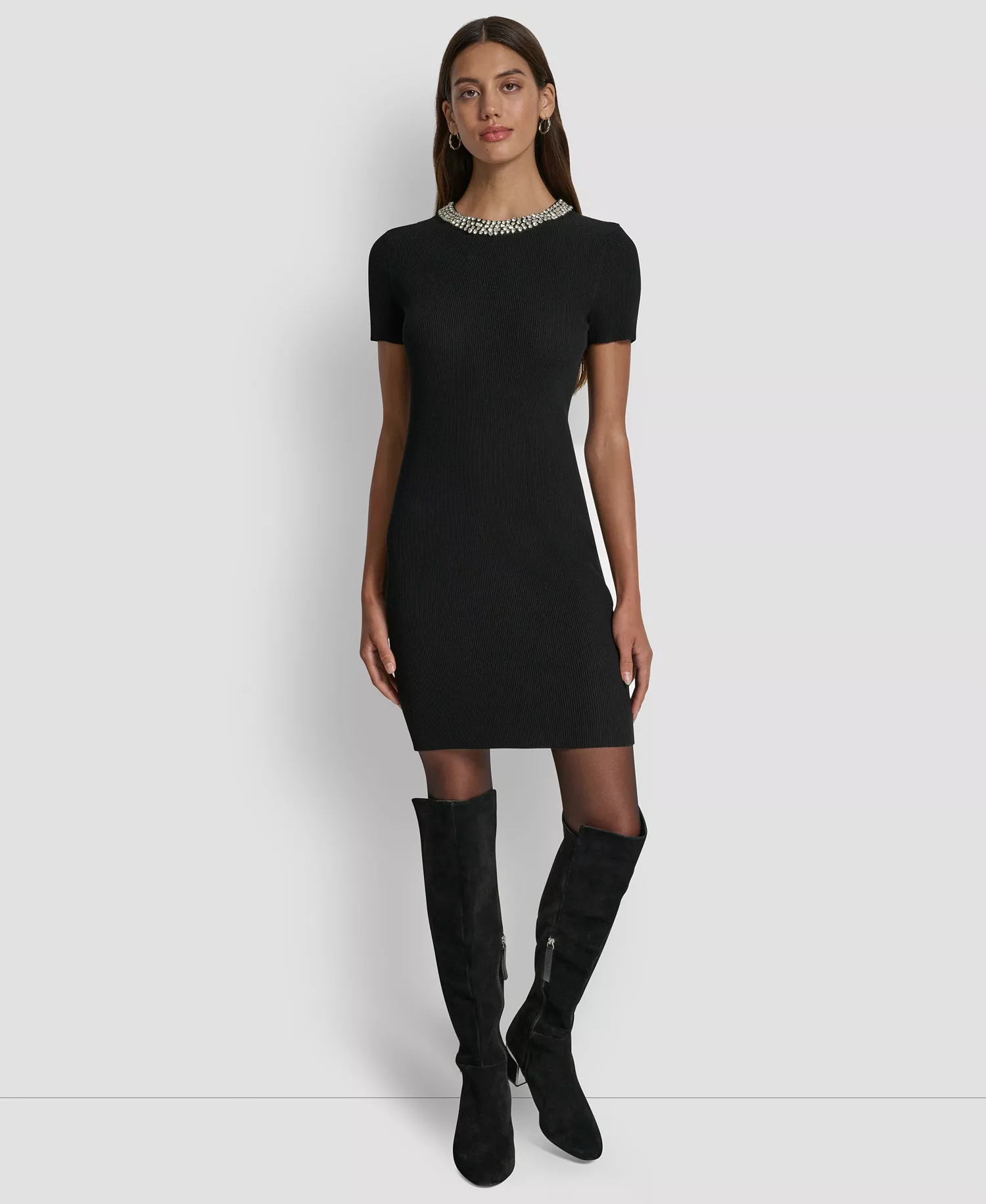 Women's Short-Sleeve Embellished Neck Short Dress - Black - L