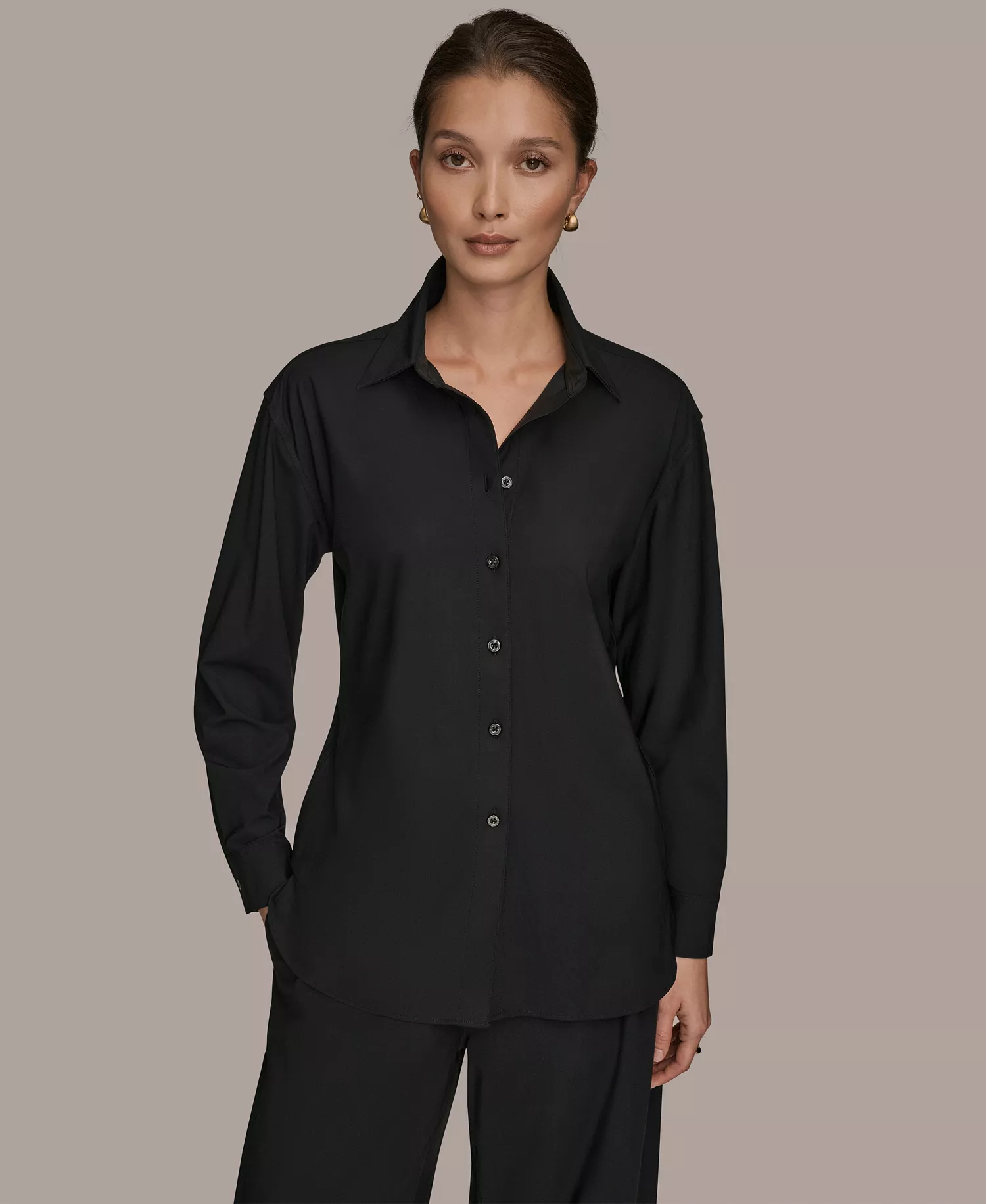Women's Tricot Knit Long Sleeve Button-Down Shirt - Black - L