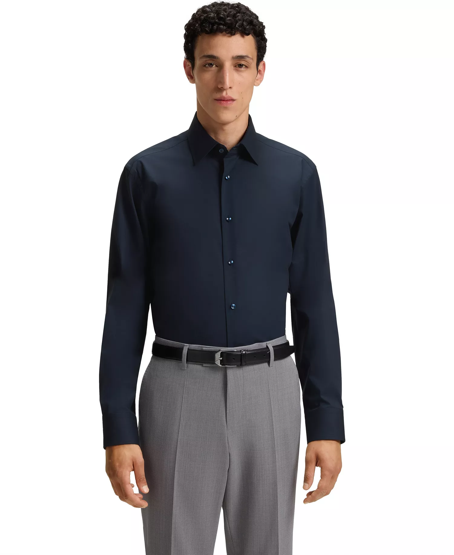 Men's Stretch-Cotton Poplin Regular-Fit Dress Shirt - Dark Blue - 15