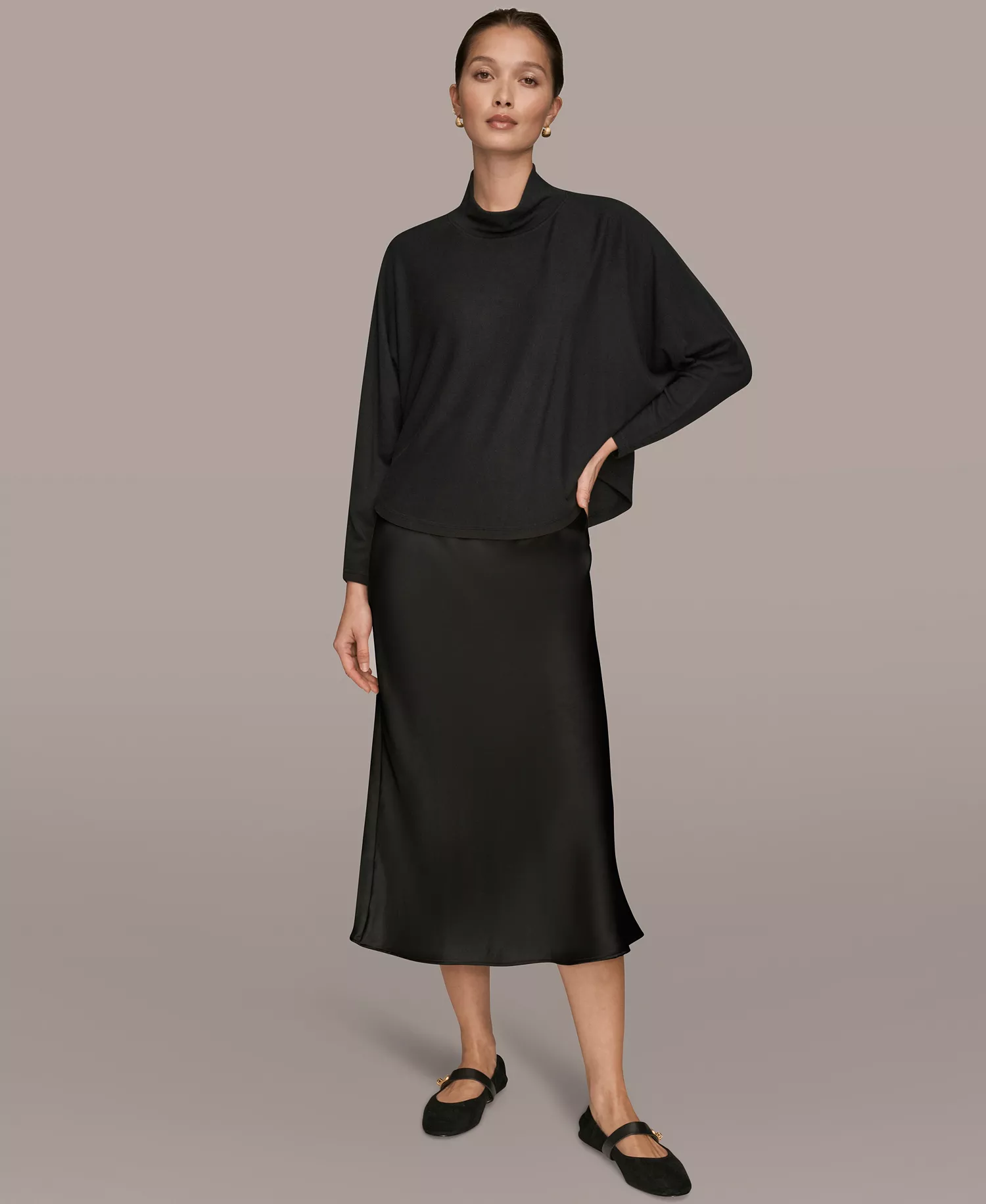 Women's Brushed Rib Dolman Mock Neck Long Sleeve Top - Black - L