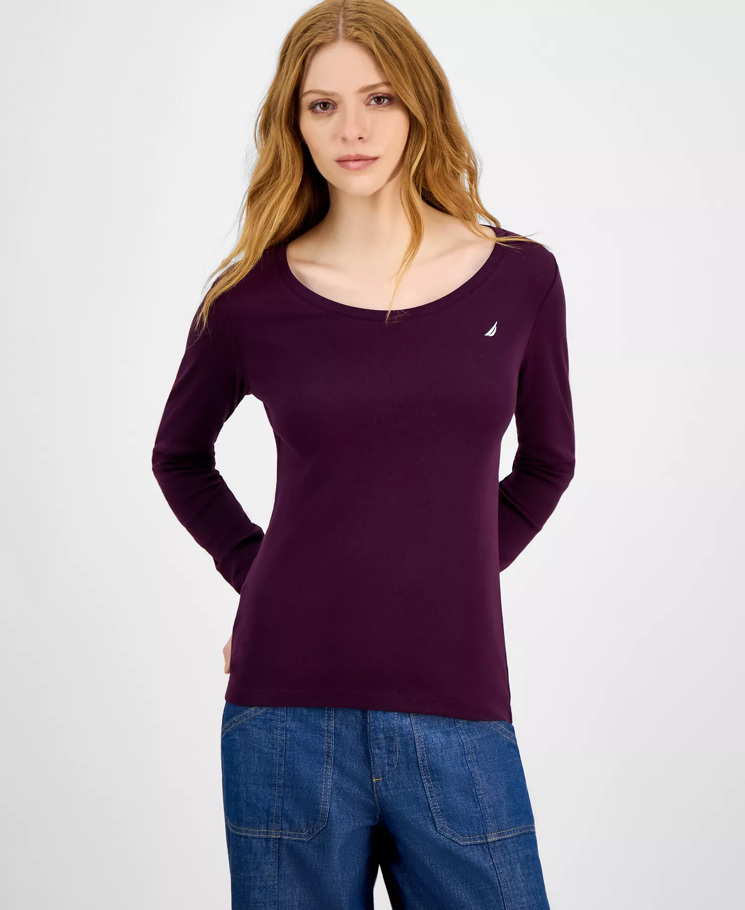 Jeans Women's Cotton Scoop-Neck Long-Sleeve T-shirt, Online Only  - Aubergine - L