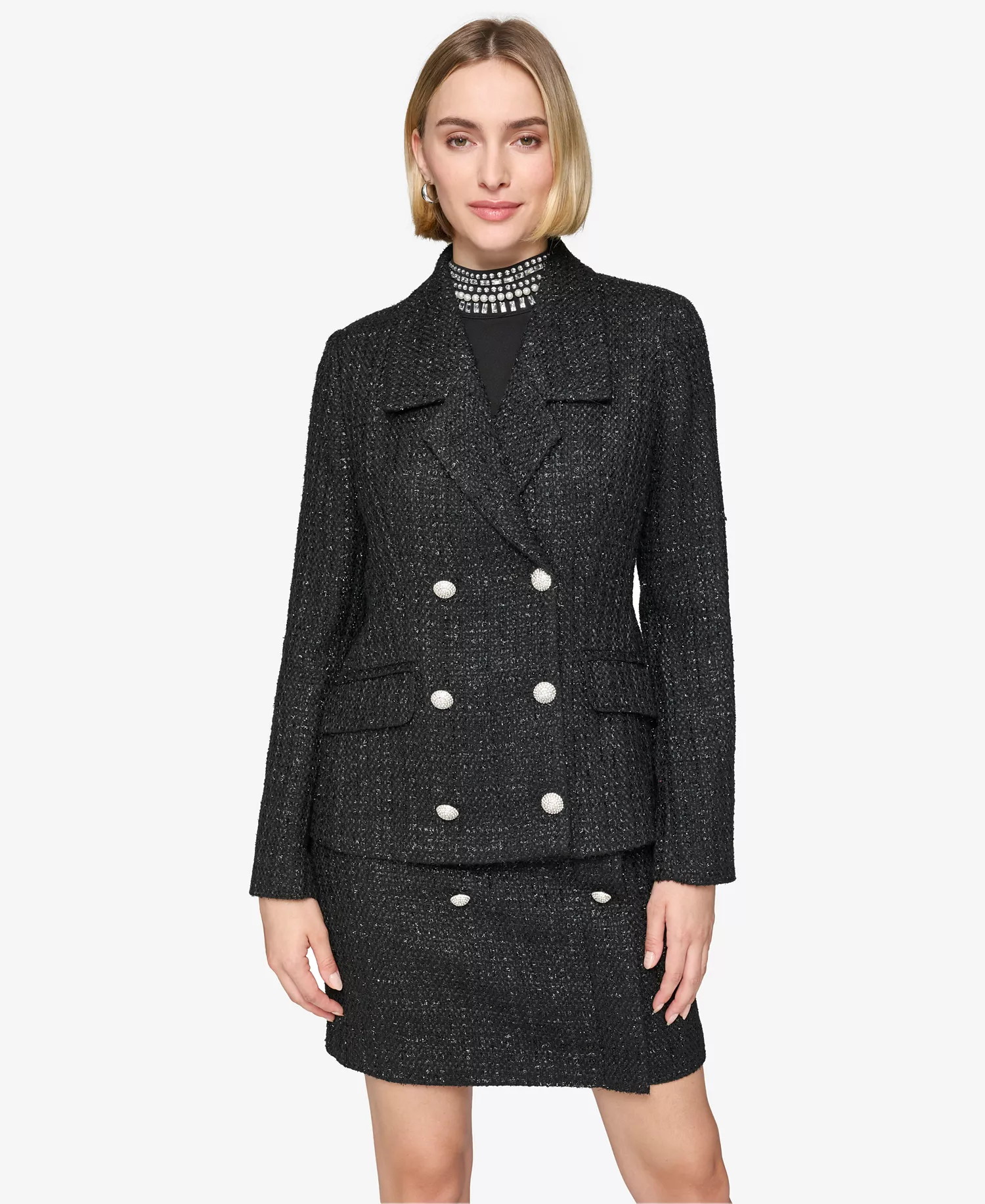 Women's Double-Breasted Tweed Blazer - Black - 0