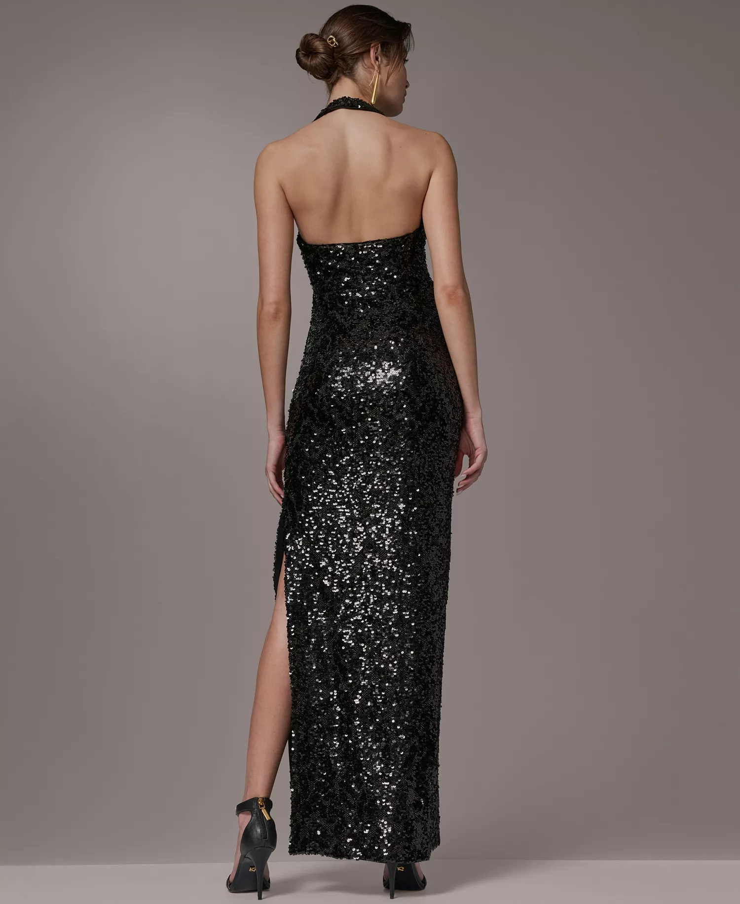 Women's Sequin Halter Neck Ball Gown - BLACK - 10