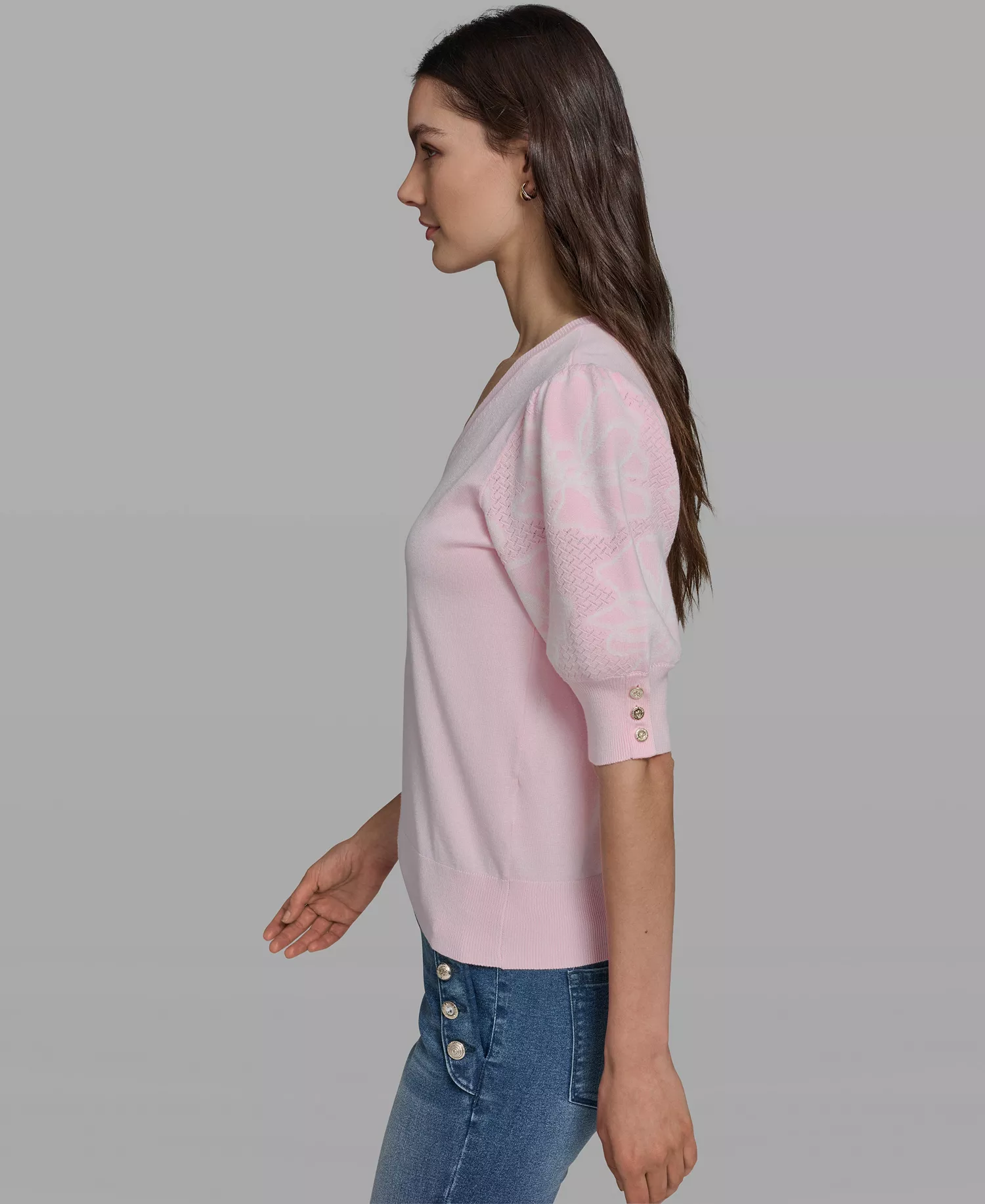 Women's V-Neck Floral Embroidered Short Sleeve Sweater - Ballet Slipper - L